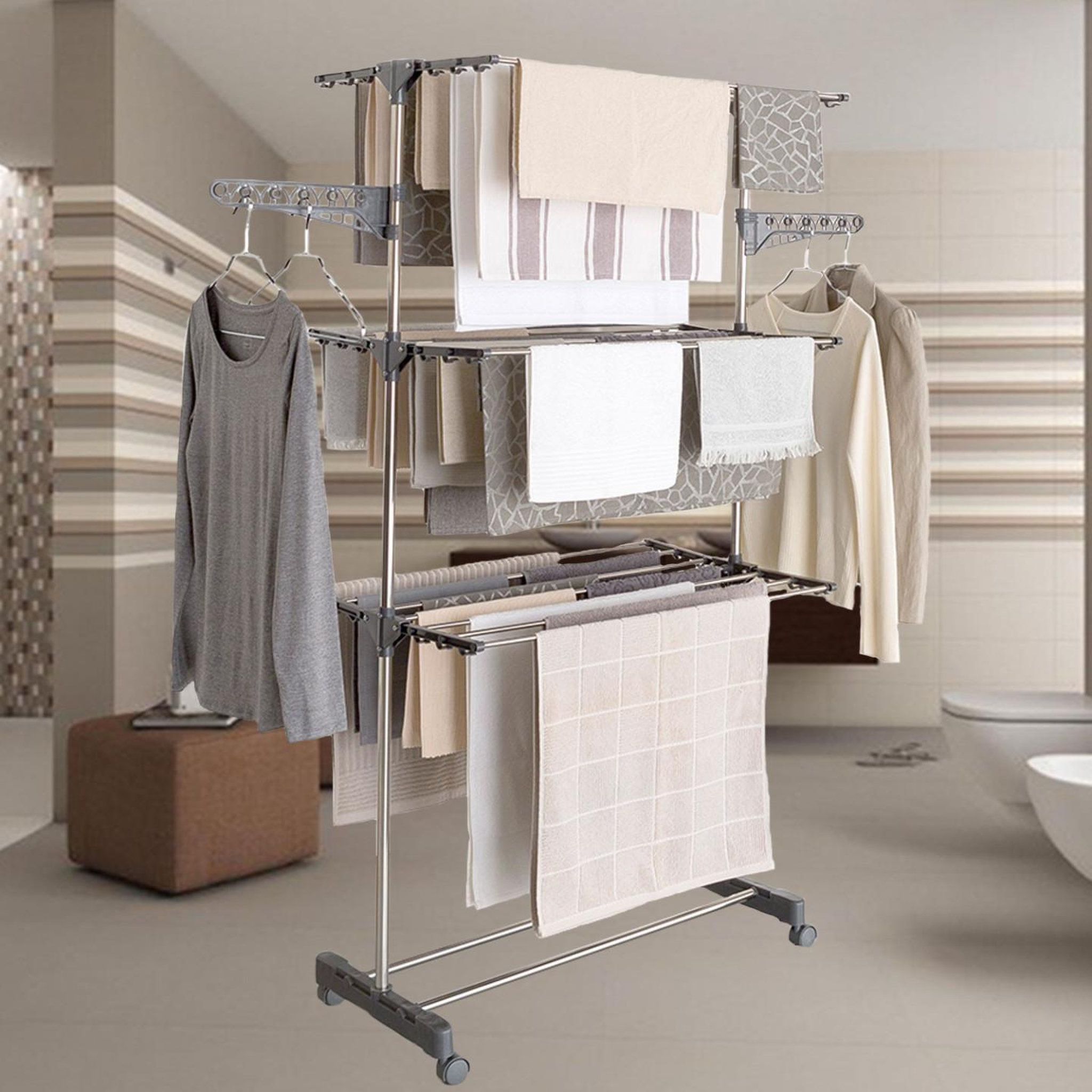 Voir la diapositive 4 : ID MARKET Séchoir à linge vertical pliable 3 niveaux maxima capacité 20m inox et gris