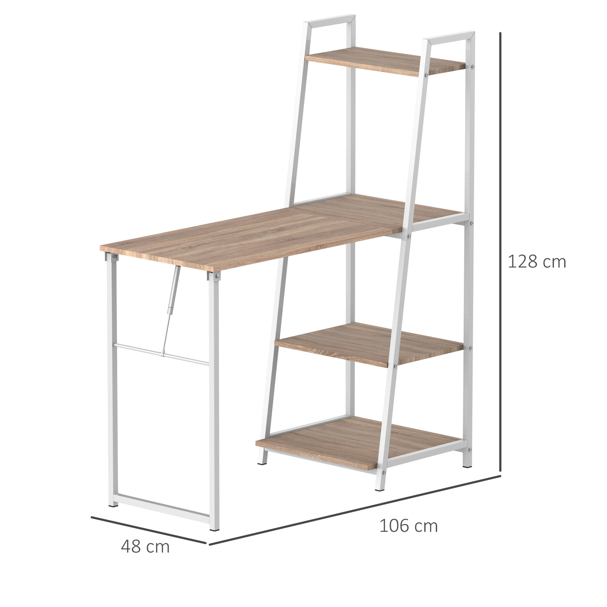 Voir la diapositive 3 : HOMCOM Bureau pliable rabattable - bureau bibliothèque 2 en 1 - 4 étagères - imitation bois chêne clair métal blanc