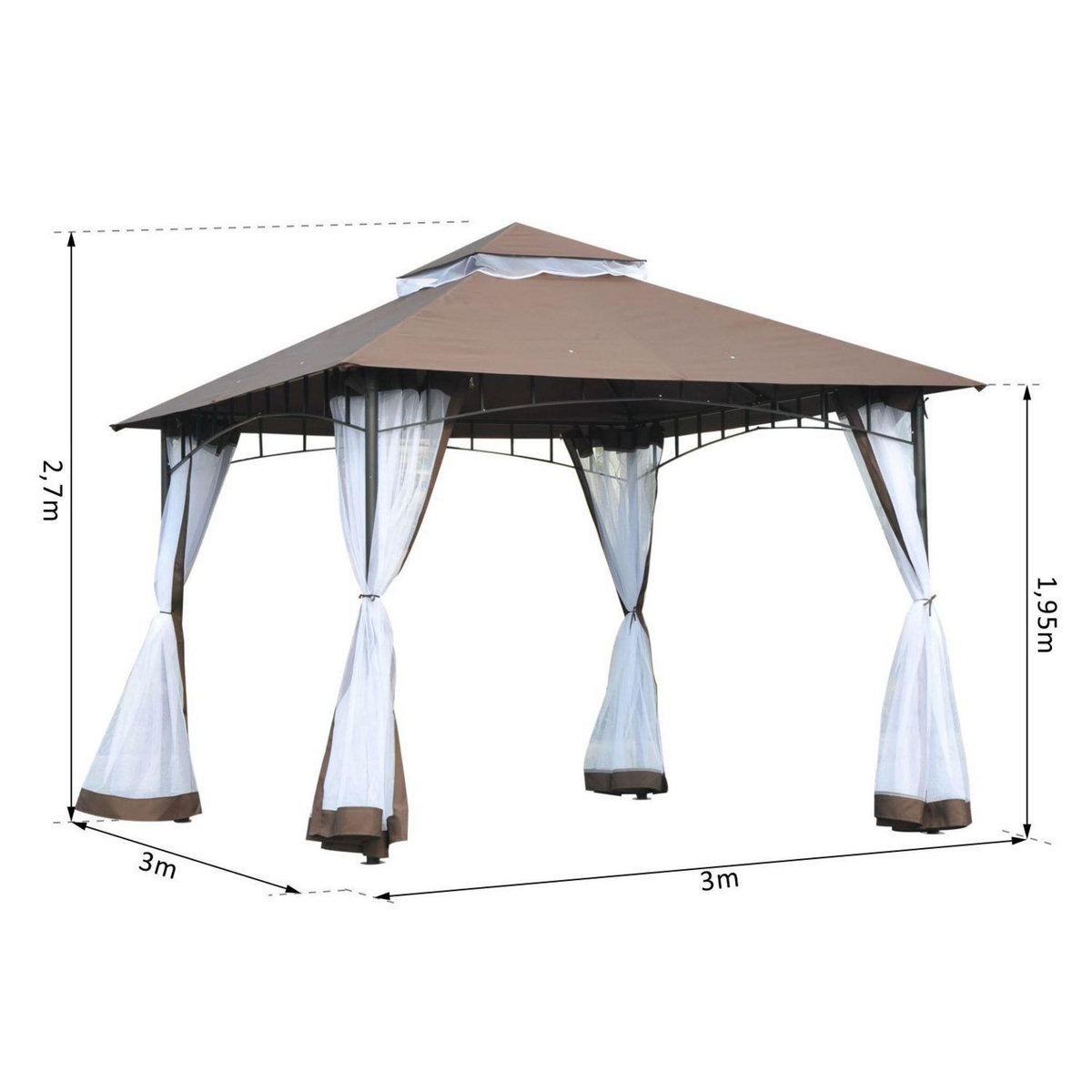 OUTSUNNY Tonnelle barnum style colonial double toit toile moustiquaires amovibles 3L x 3l x 2,7H m métal époxy polyester chocolat et blanc