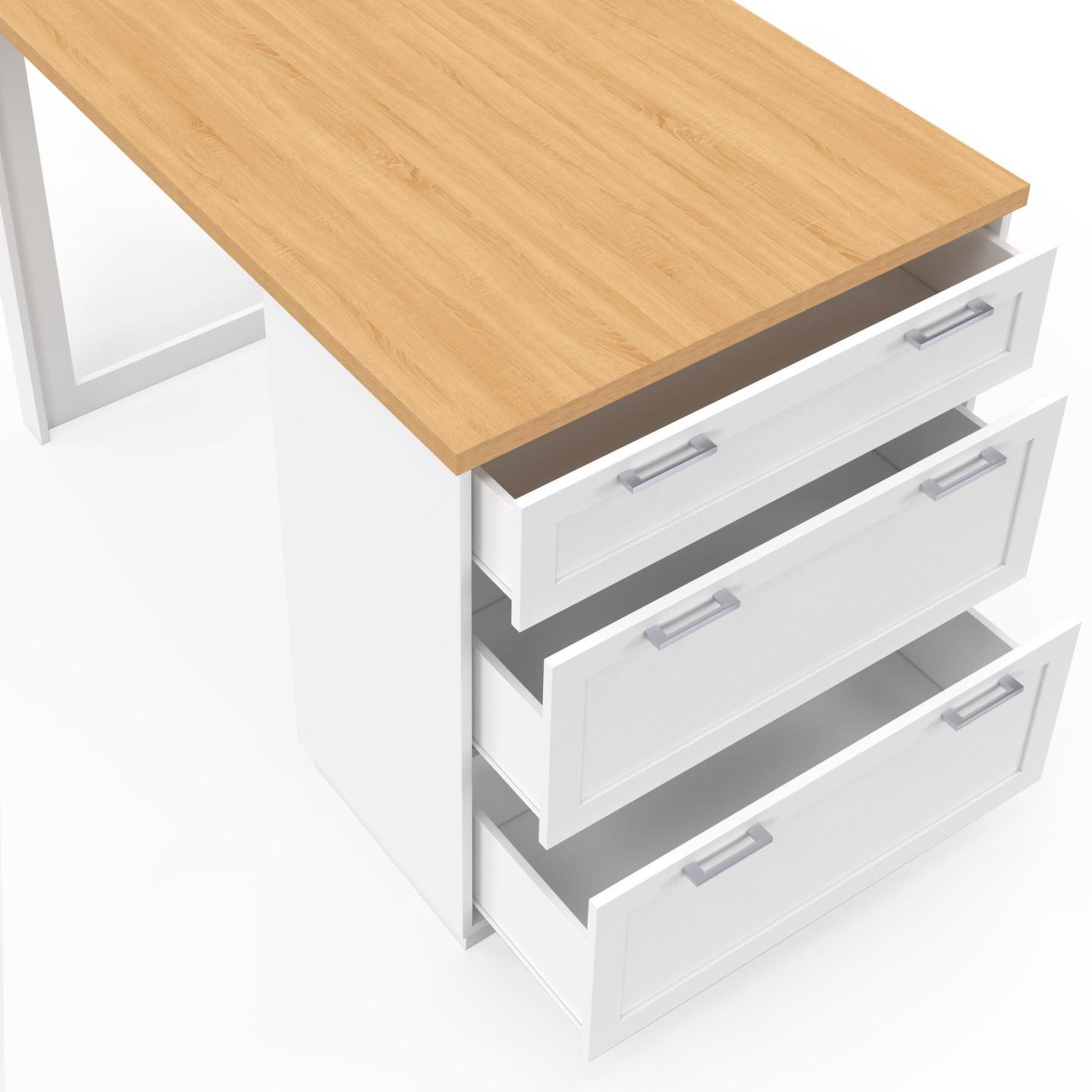 Voir la diapositive 6 : ID MARKET Ilot central mange-debout 4 personnes vito 130 cm casserolier 3 tiroirs blanc et plateau bois
