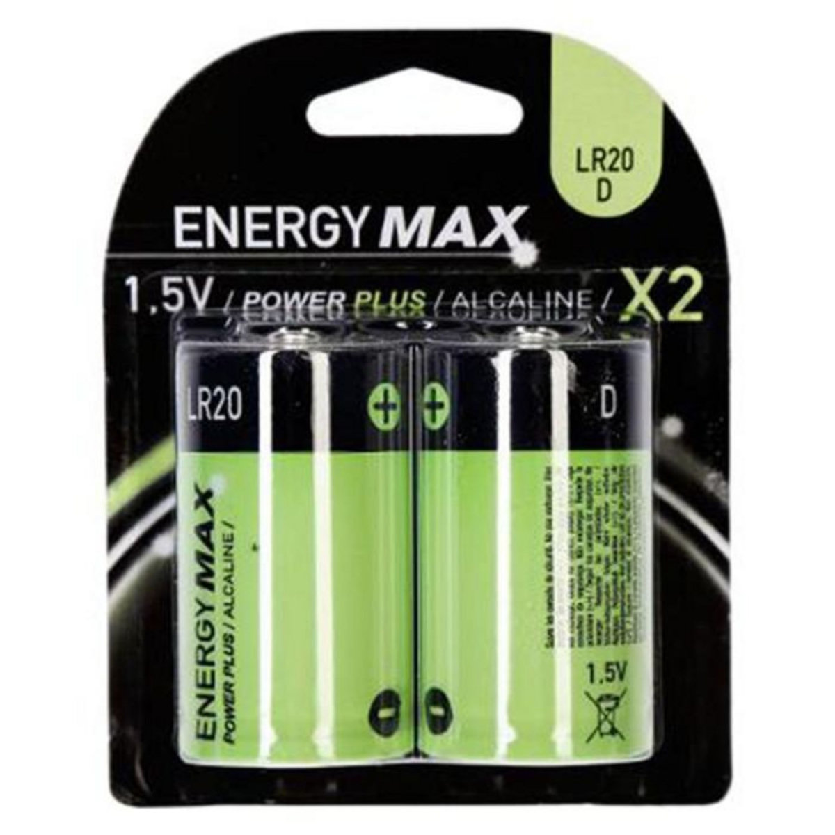 ENERGY MAX Lot de 2 Piles LR20  Alcaline  5cm Vert