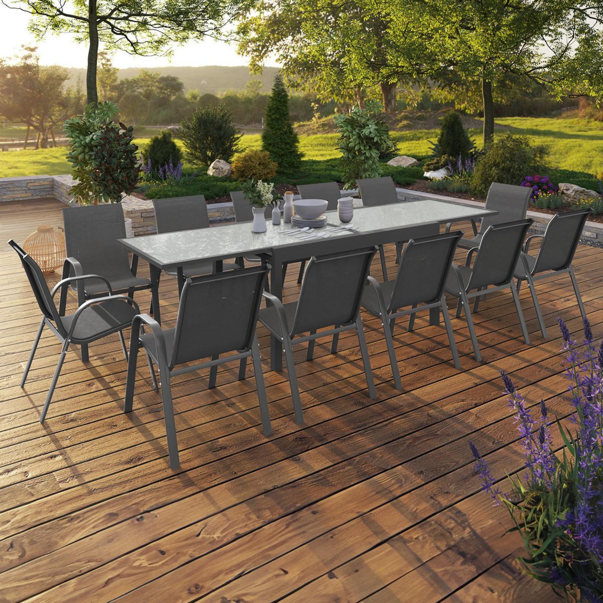 ID MARKET Salon de jardin MADRID table extensible 135-270 CM et 12 chaises empilables gris anthracite