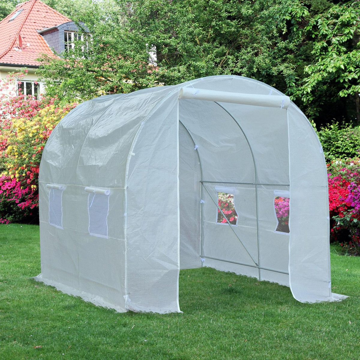 OUTSUNNY Serre de jardin tunnel surface sol 5 m² 2,5L x 2l x 2H m châssis tubulaire renforcé 18 mm 4 fenêtres blanc