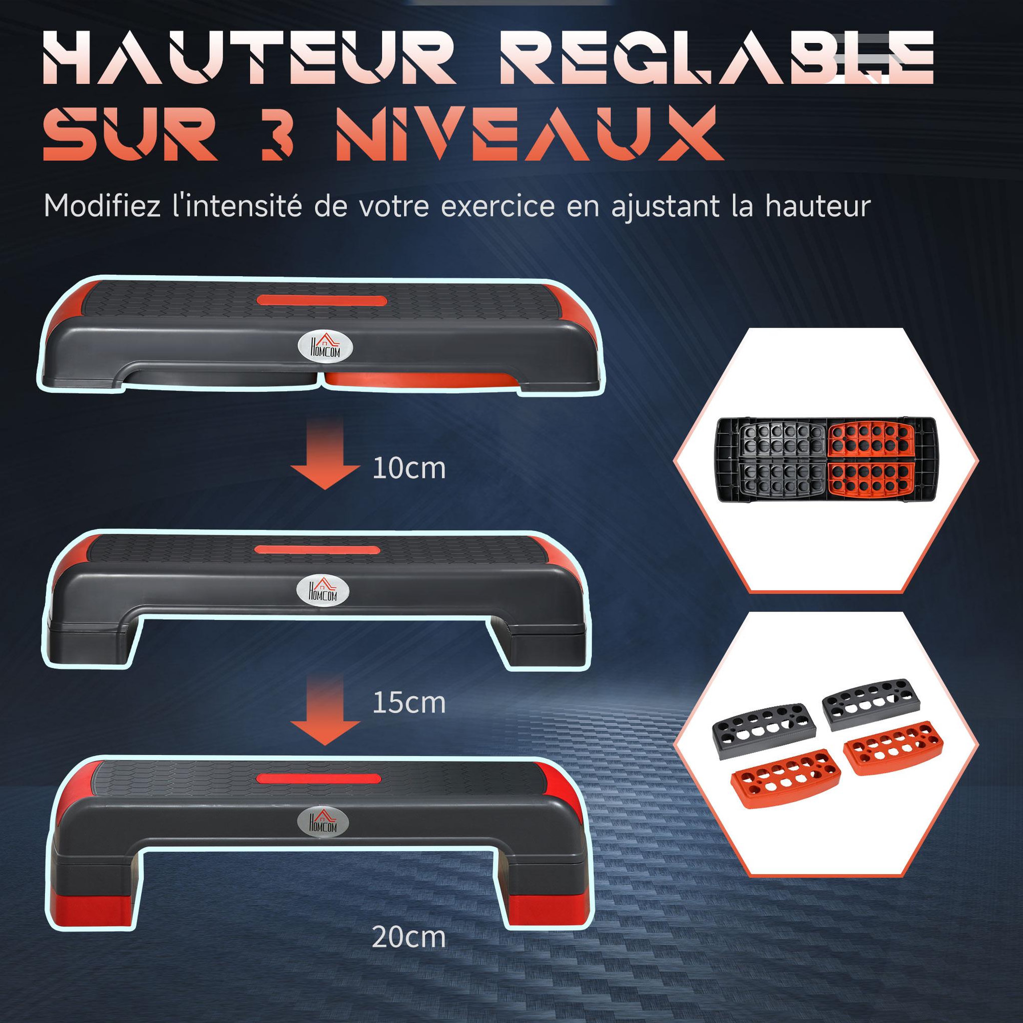 Voir la diapositive 4 : HOMCOM Stepper fitness aerobic hauteur reglable surface antiderapante dim. 78l x 28l x 10/15/20h cm pp noir rouge