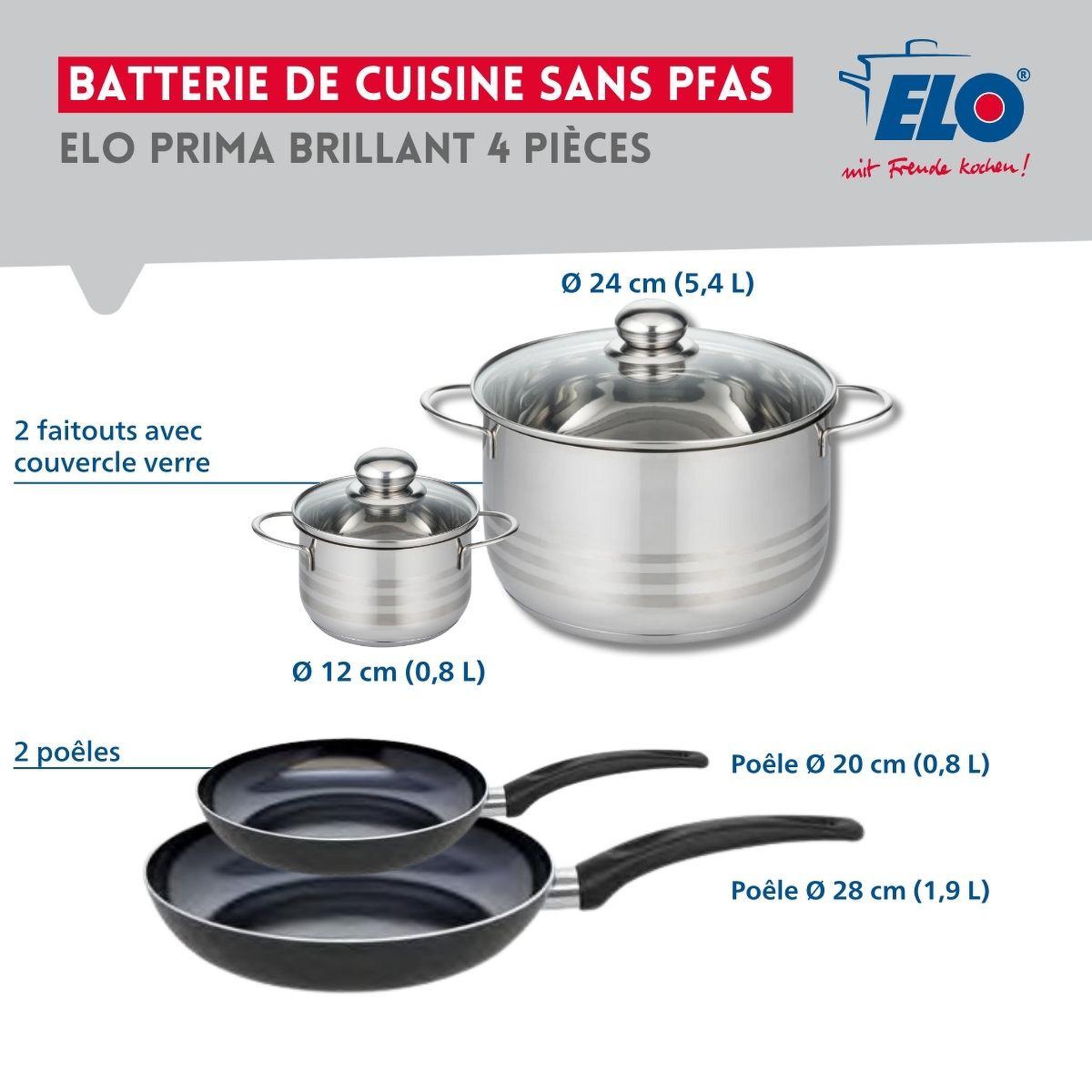 Voir la diapositive 2 : ELO Ensemble de 2 poêles de cuisson 20 et 28 cm et 2 faitouts 12 et 24 cm elo prima brillant