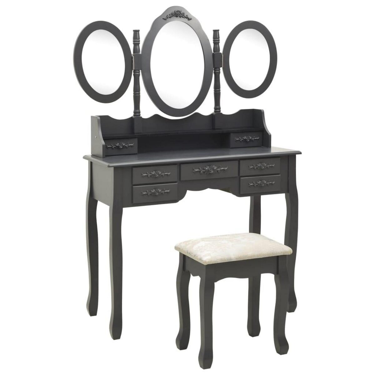 VIDAXL Coiffeuse avec tabouret et miroir pliable en 3 Gris