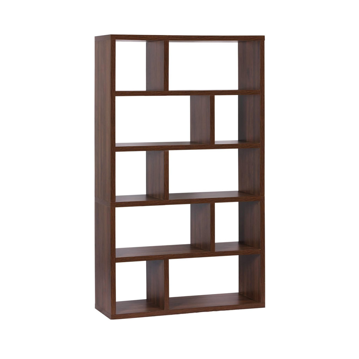 SWEEEK Etagère bibliothèque asymétrique 5 niveaux 10 compartiments. casiers. effet bois de noyer. L 111.2 x P 39 x H 190cm