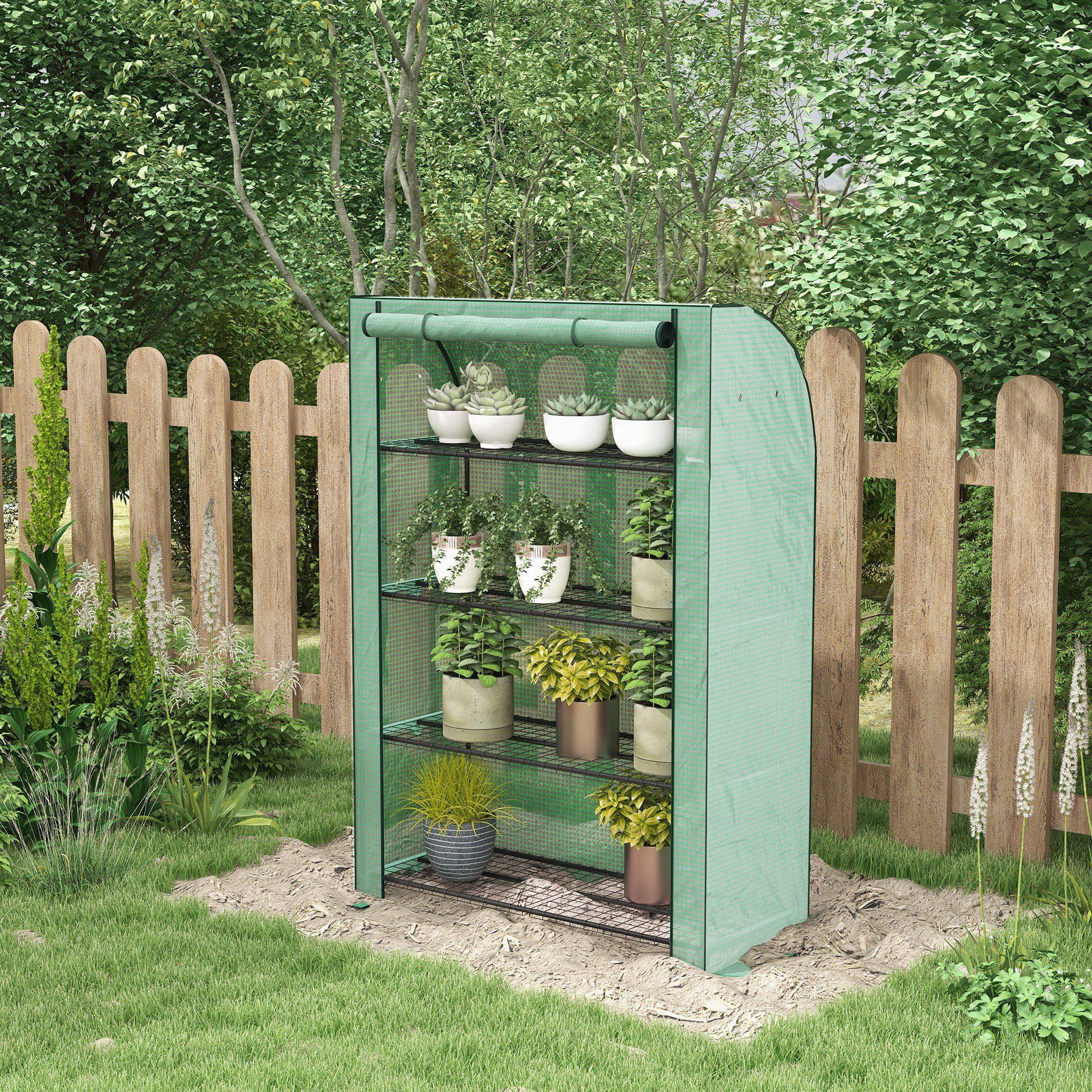 Voir la diapositive 2 : OUTSUNNY Mini serre de jardin serre de balcon serre à 4 étages avec châssis en acier & bâche en pe renforcée, intérieur et extérieur portable porte enroulable, 120 x 50 x 170 cm, vert