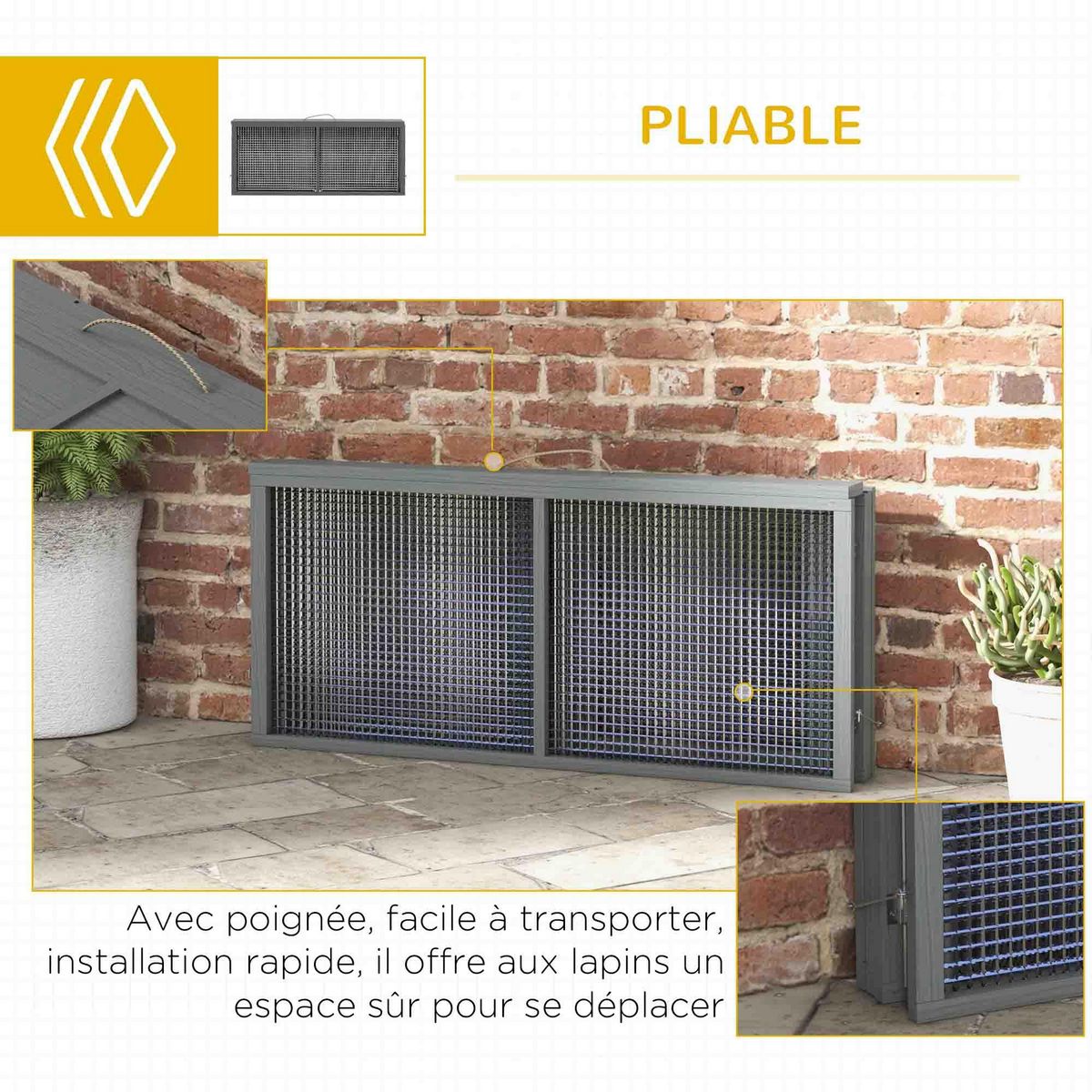 PAWHUT Clapier pliable avec poignée - cage à lapin - toit ouvrant, porte - 110 x 105 x 50 cm - acier bois gris