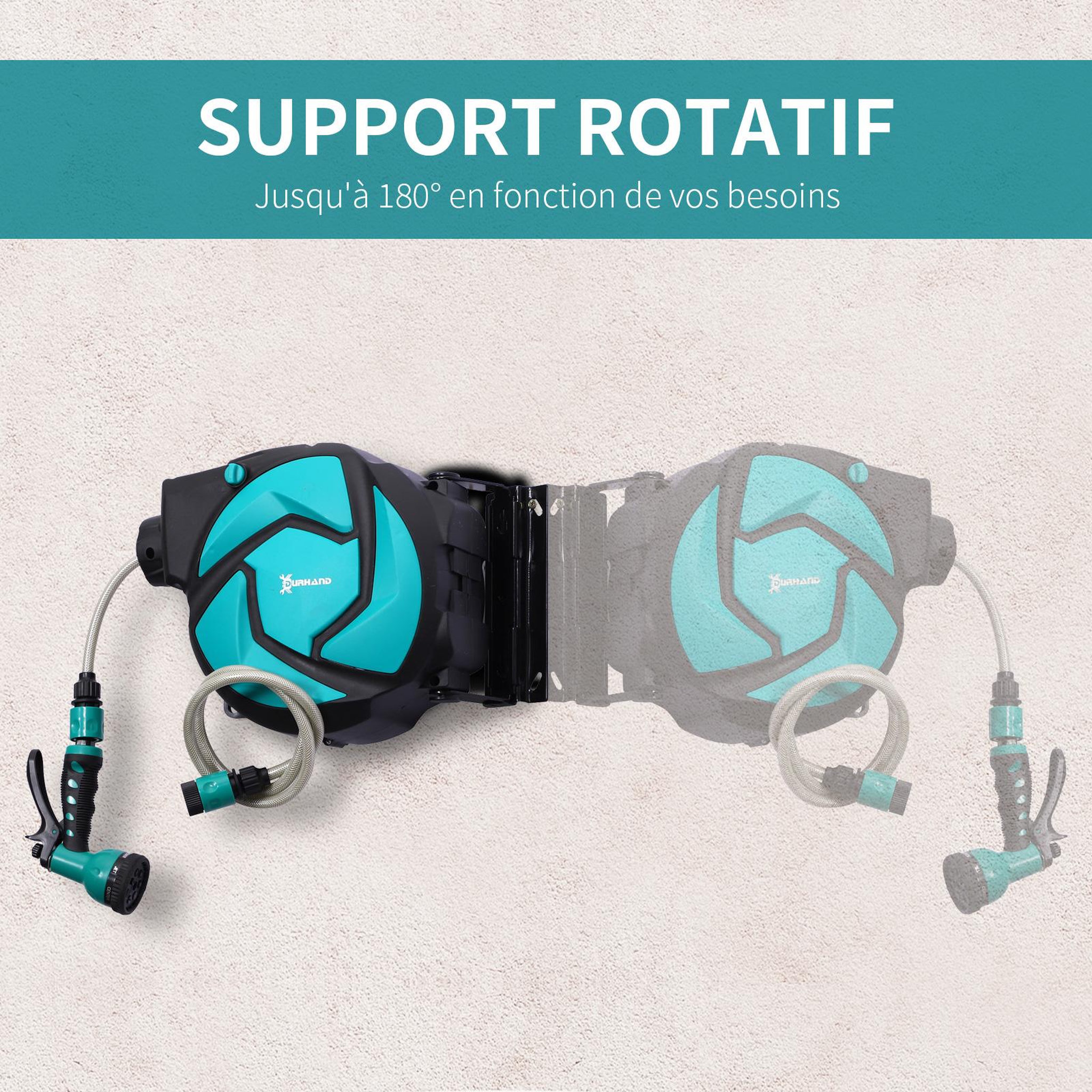 Voir la diapositive 5 : OUTSUNNY Dévidoir mural enrouleur automatique pivotant 180° tuyau 10 + 1 m avec lance arrosage support mural intégré turquoise noir