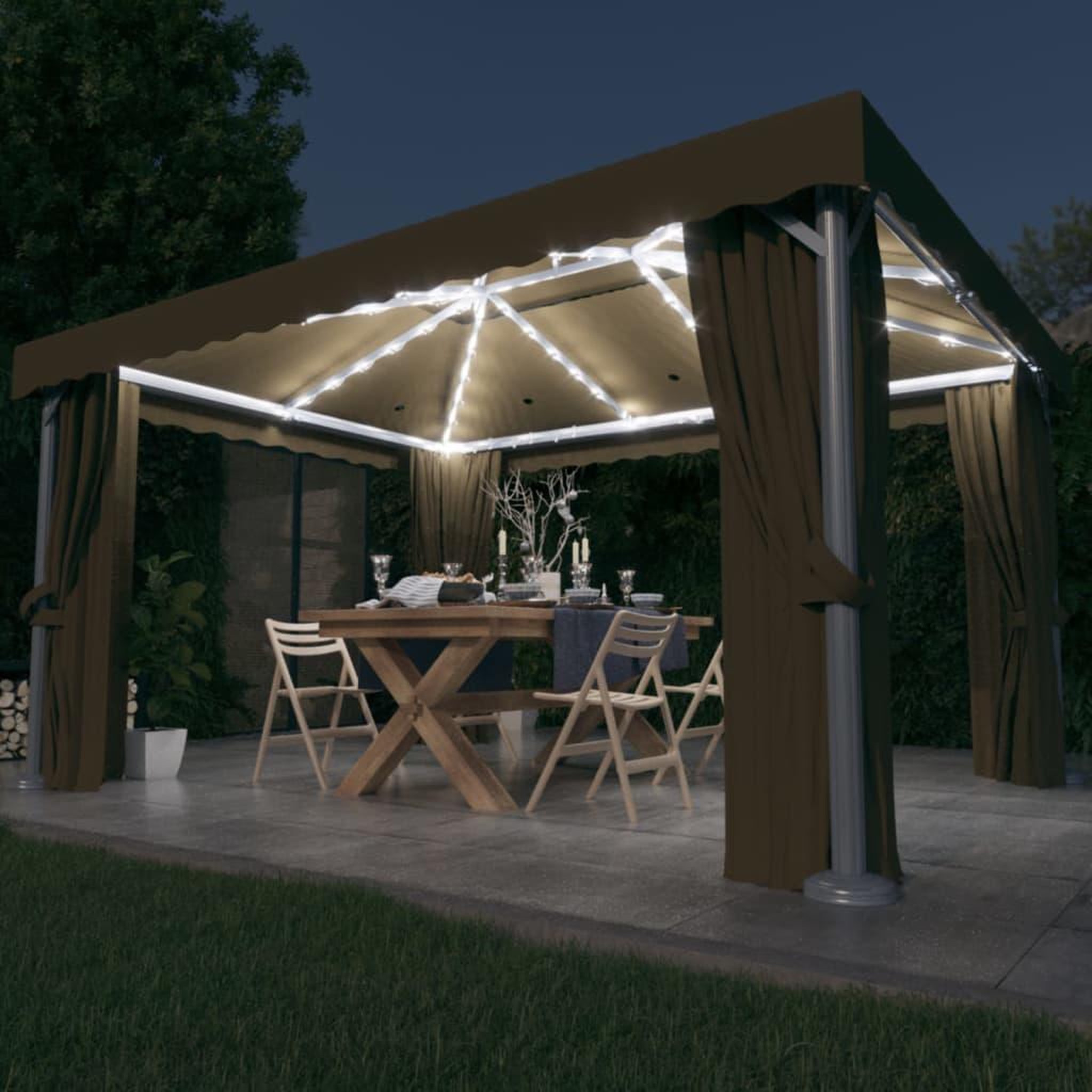 Voir la diapositive 1 : VIDAXL Tonnelle avec rideau et guirlande lumineuse a LED 4x3 m Taupe