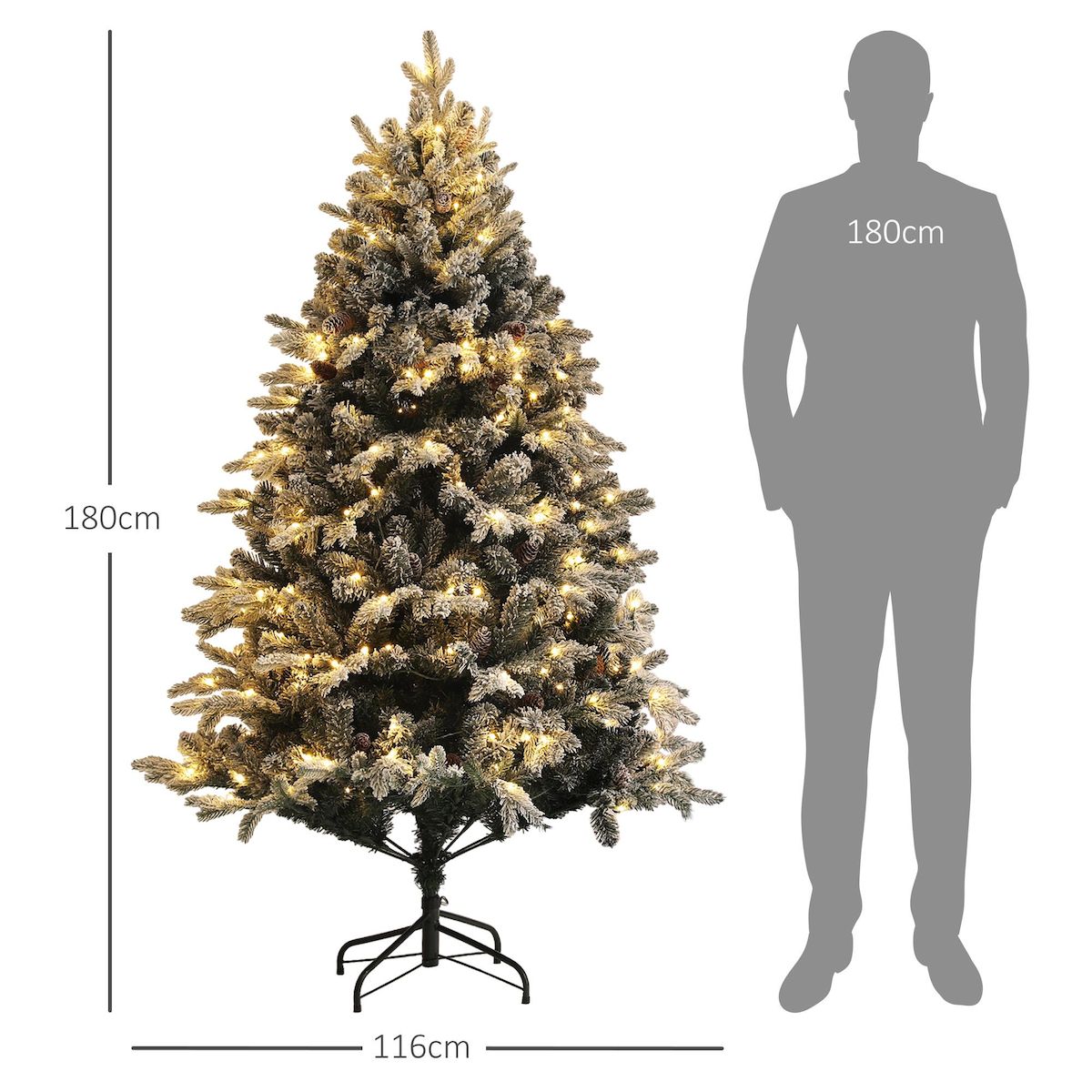HOMCOM Sapin de Noël artificiel LED enneigé H. 180 cm - 200 LEDs blanc chaud, 793 branches - vert blanc