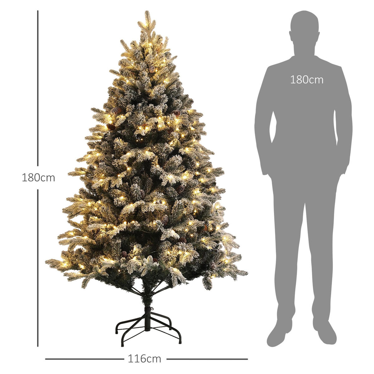 HOMCOM Sapin de Noël artificiel LED enneigé H. 180 cm - 200 LEDs blanc chaud, 793 branches - vert blanc