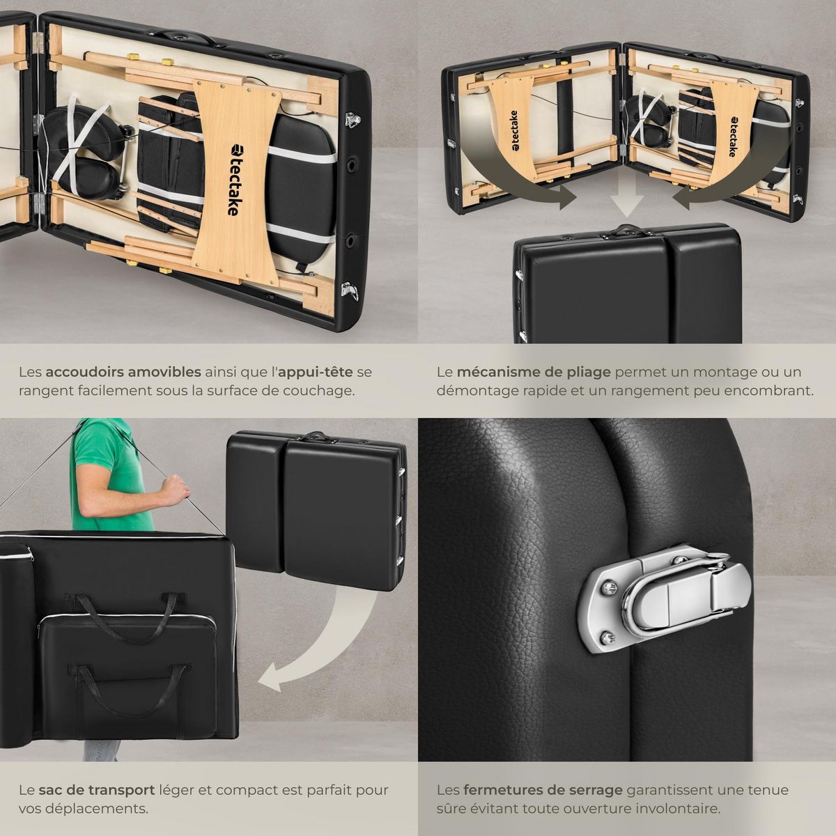 tectake Set de tables de massage portable pliante à 3 zones largeur 70 cm et rembourrage de 10 cm noir