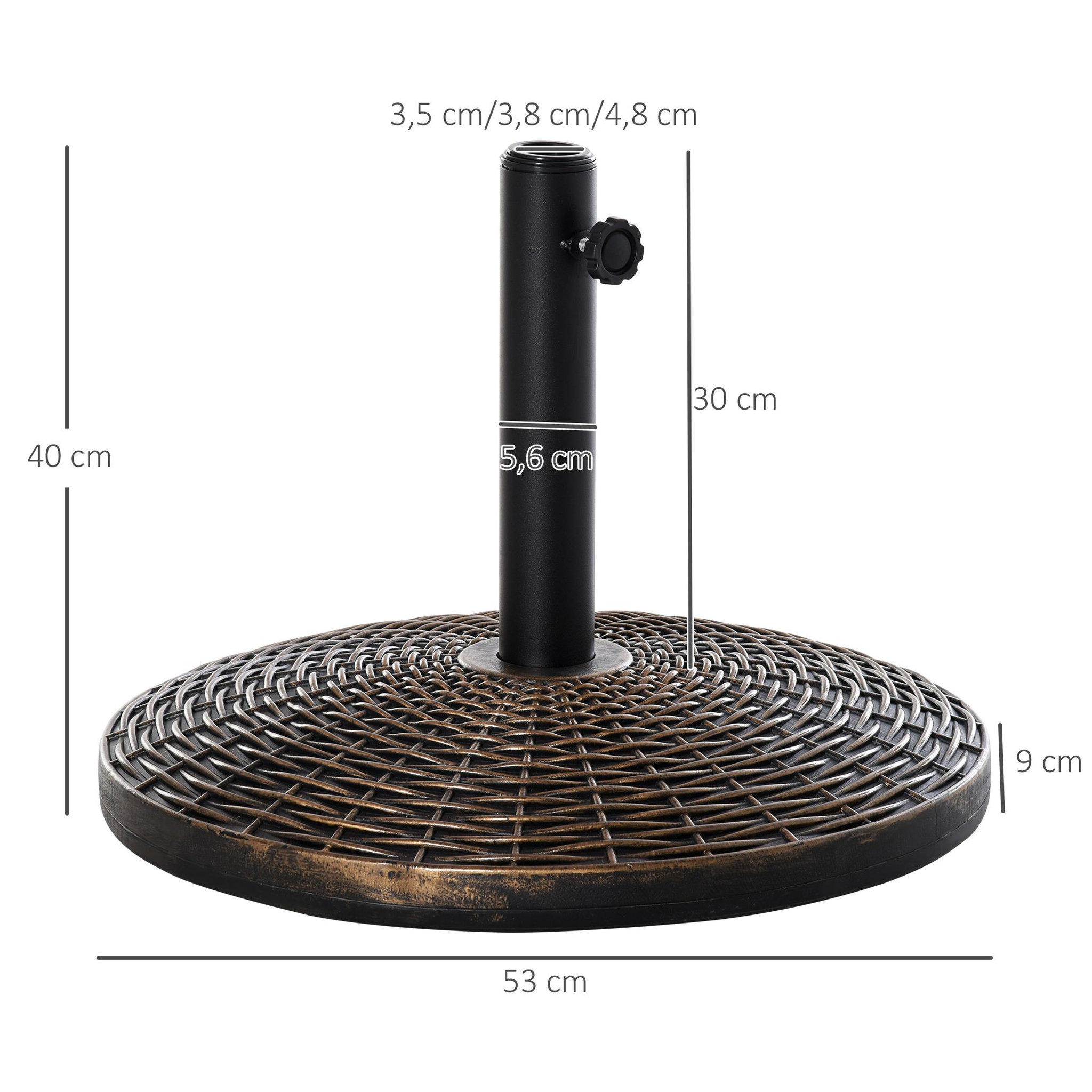 Voir la diapositive 3 : OUTSUNNY Pied de parasol rond base de lestage Ø 53 x 35,5 cm résine imitation rotin poids net 25 Kg noir bronze