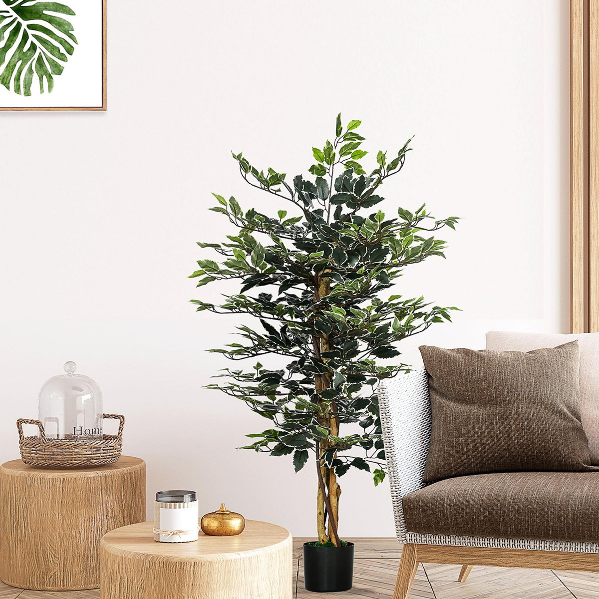 HOMCOM Arbre artificiel plante artificiel ficus banian hauteur 1,3 m tronc branches liane lichen feuilles grand réalisme pot inclus