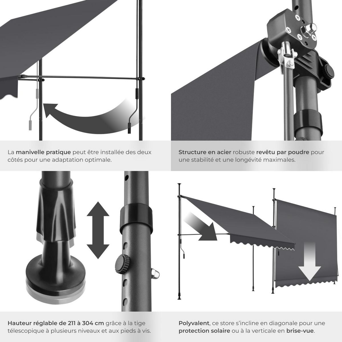 tectake Store à pince sans perçage avec manivelle noir/gris 250 x 180 cm