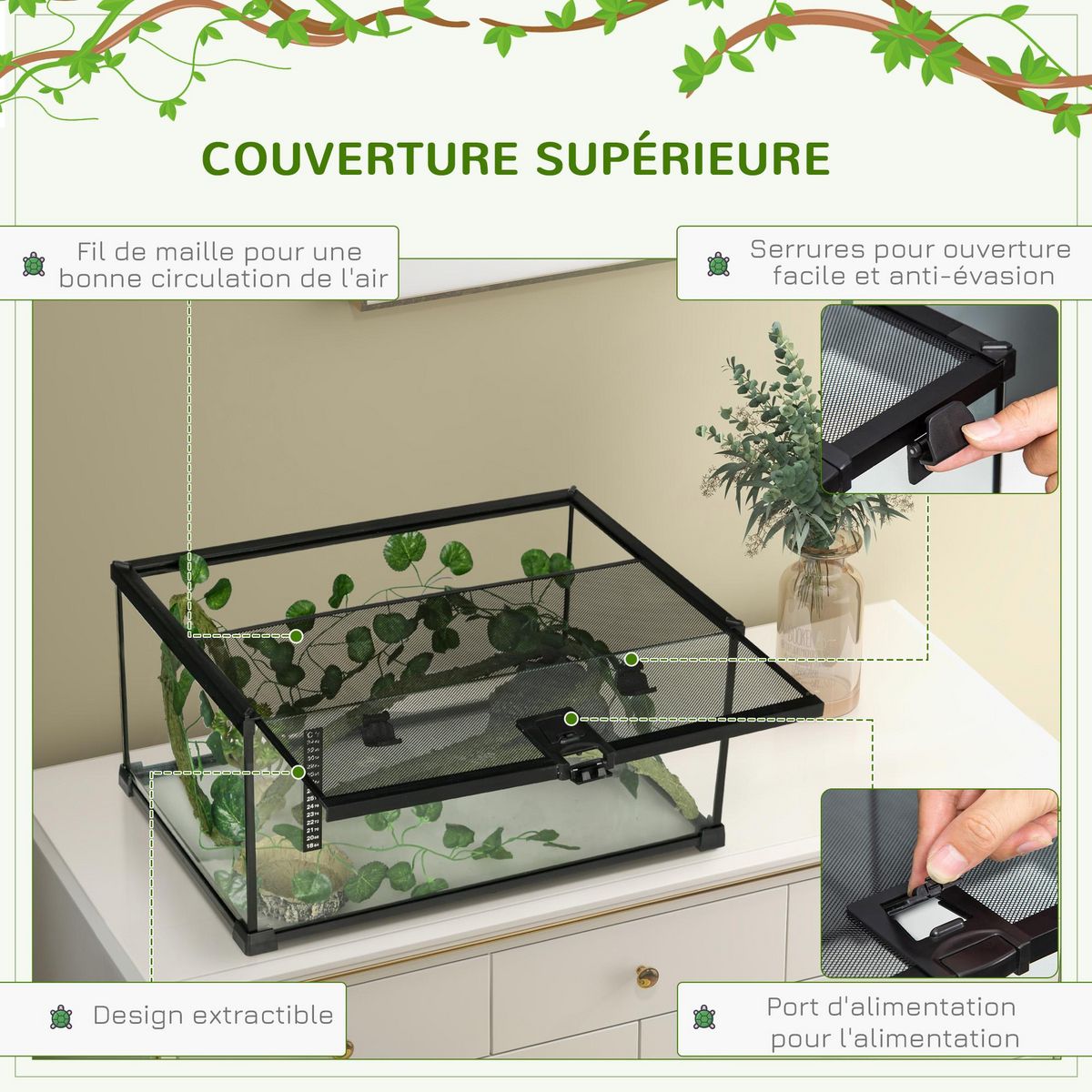 PAWHUT Terrarium verre transparent - couvercle treillis métallique coulissant verrouillable, trappe, distributeur eau, thermomètre - noir