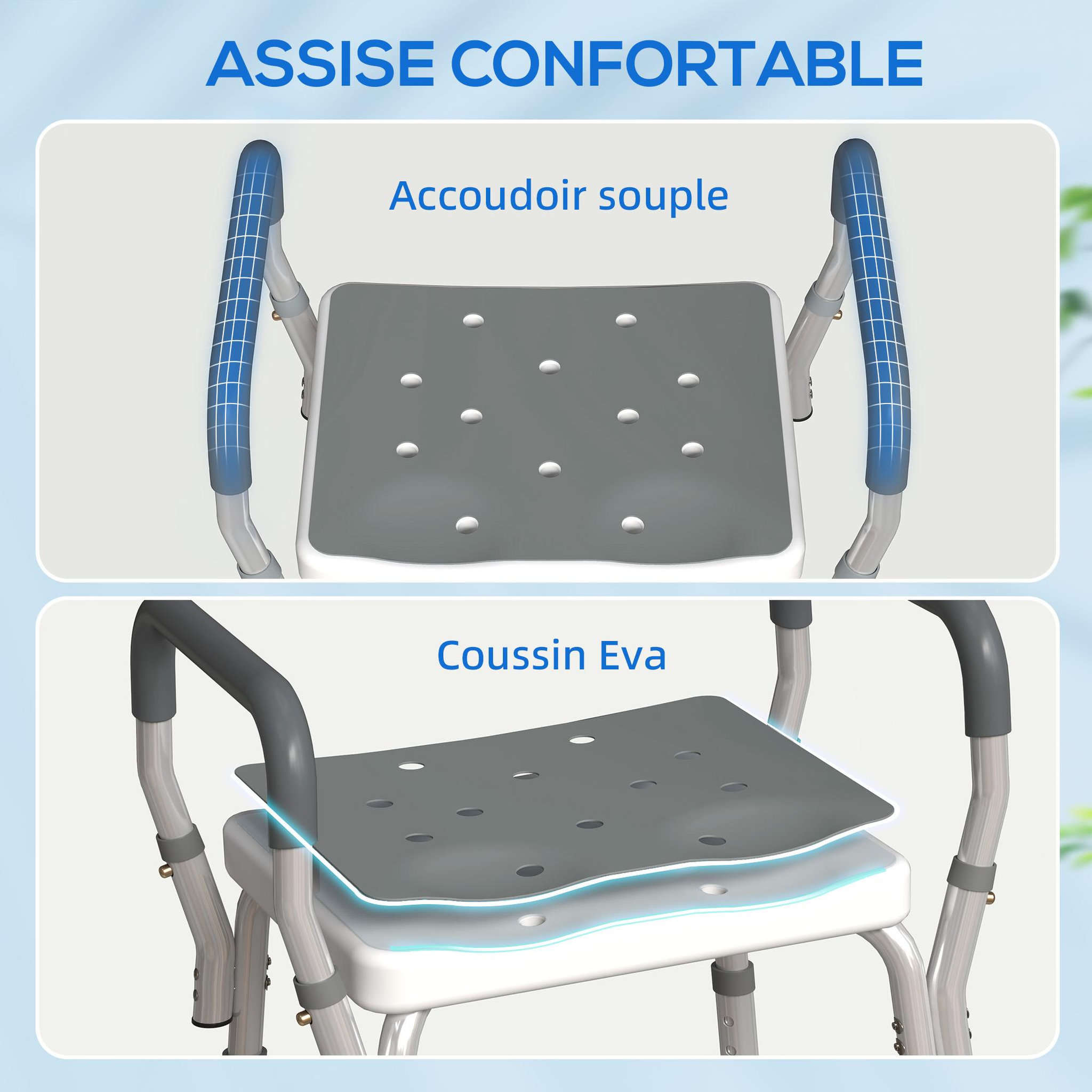Voir la diapositive 5 : HOMCOM Chaise de douche tabouret de douche antidérapant - hauteur réglable, accoudoirs - alu hdpe gris