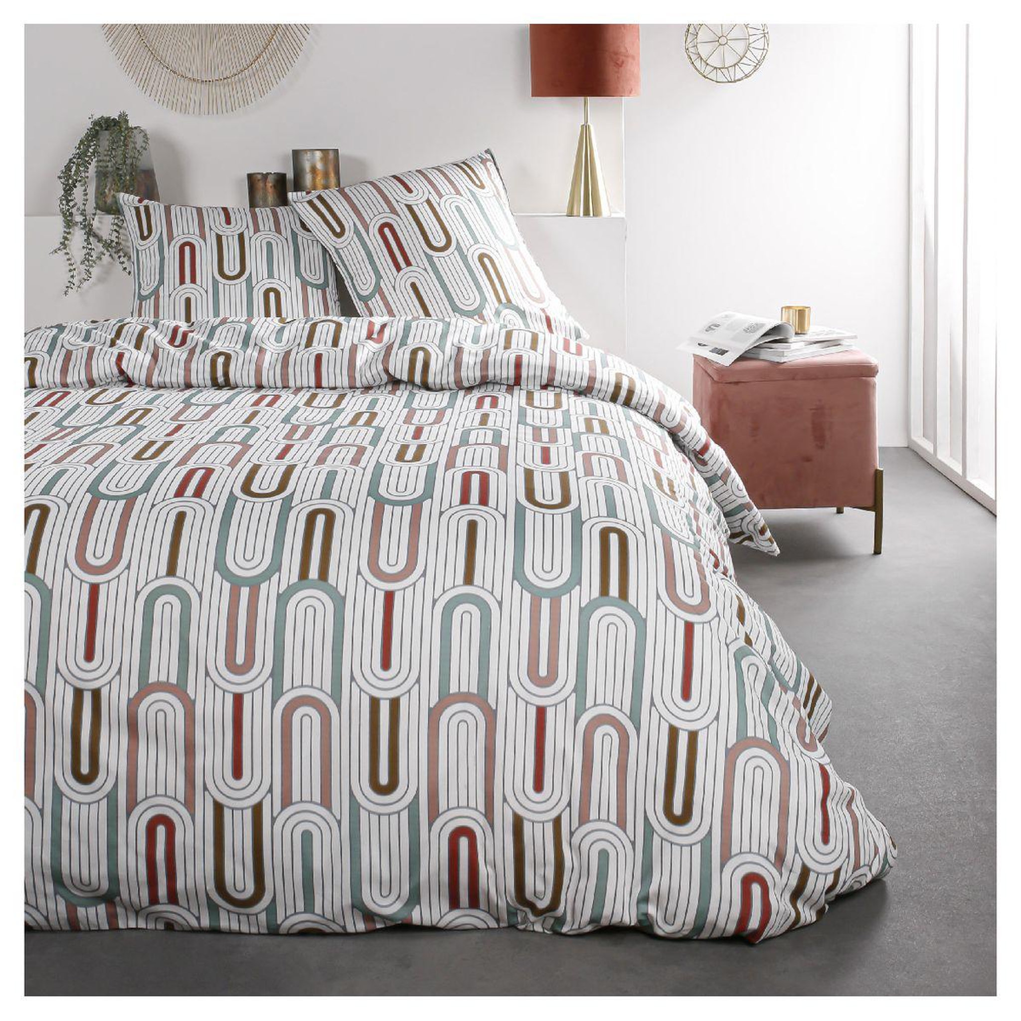 Voir la diapositive 1 : Parure housse de couette en coton 57 fils motif géométrique AMBRE
