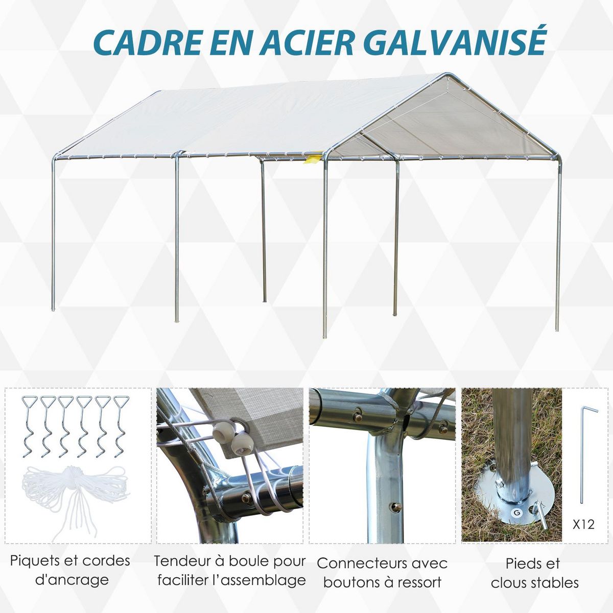 OUTSUNNY Carport auvent pour voiture 5,95L x 2,90l x 2,60H m acier galvanisé robuste PE haute densité