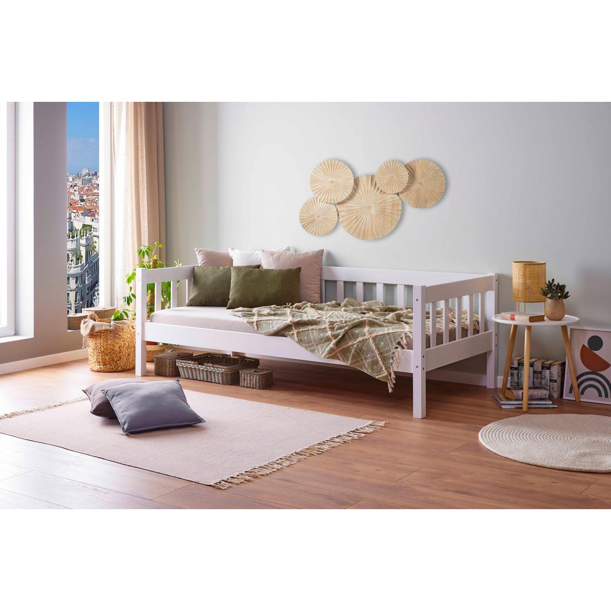 Lit Banquette en bois massif teinté blanc 90x200cm GUSTAVE