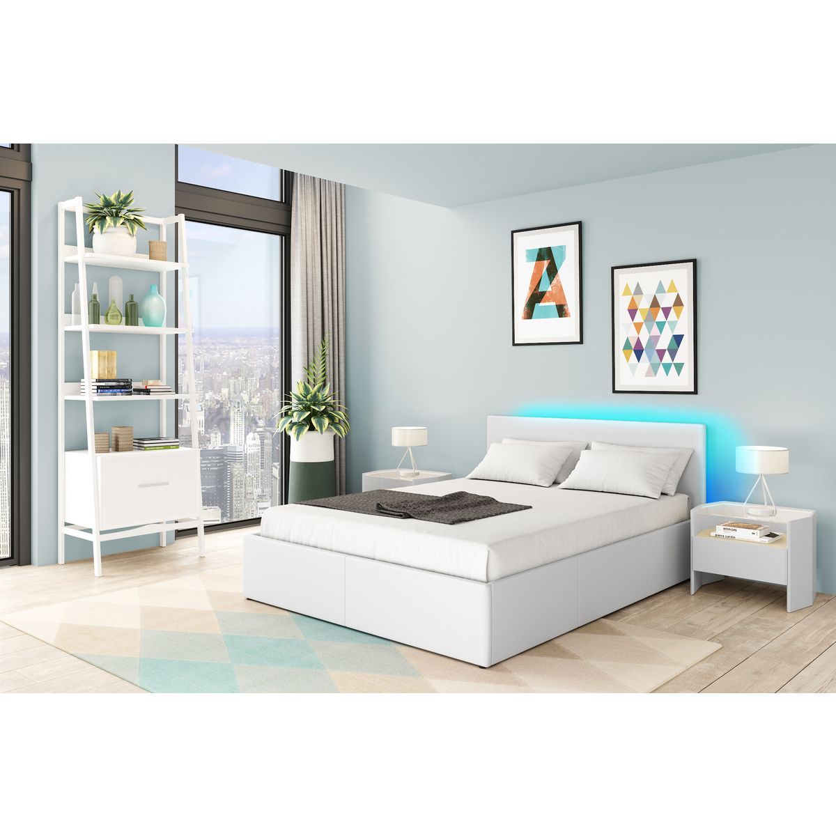 Lit coffre 160x200cm avec sommier à lattes et tête de lit LED WILLOW