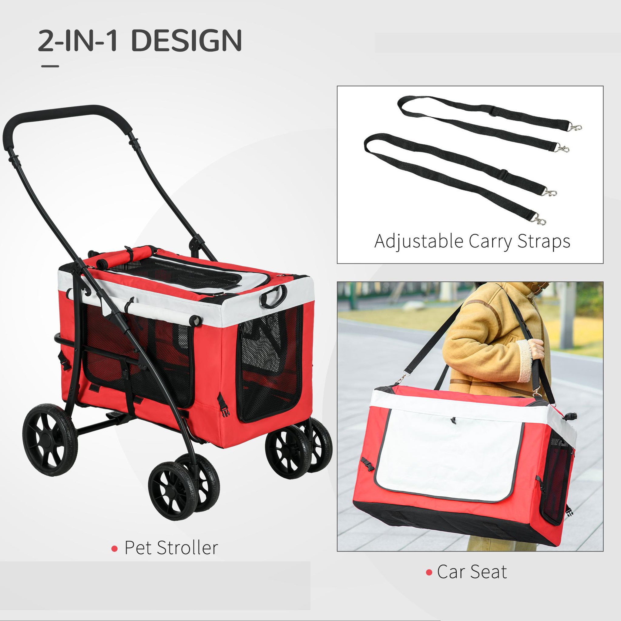 Voir la diapositive 4 : PAWHUT Poussette pliable animaux chien chat nacelle amovible 4 roues rouge