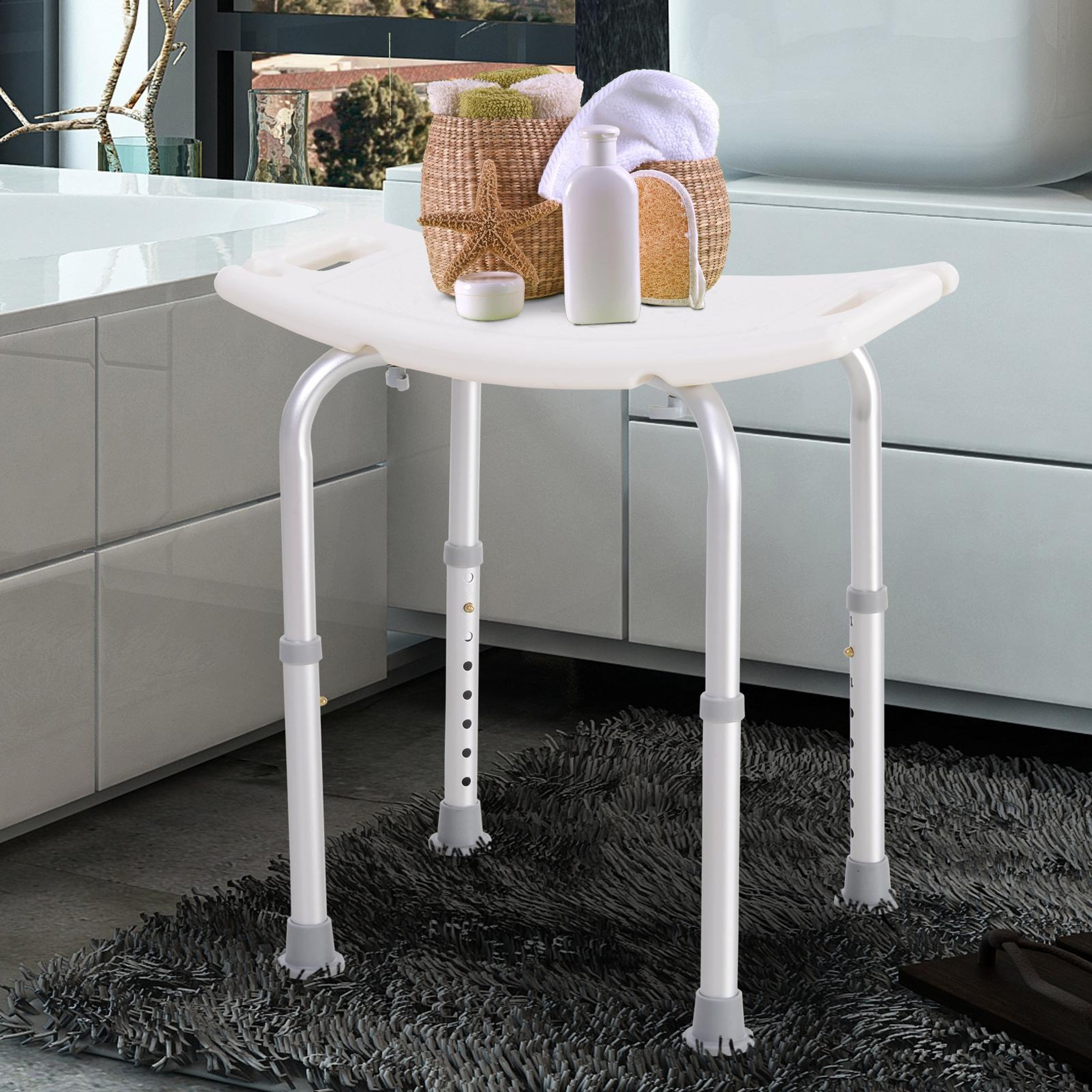 Voir la diapositive 2 : HOMCOM Siège de douche réglable en hauteur tabouret de douche ergonomique pieds antidérapants charge max. 136 kg alu hdpe blanc