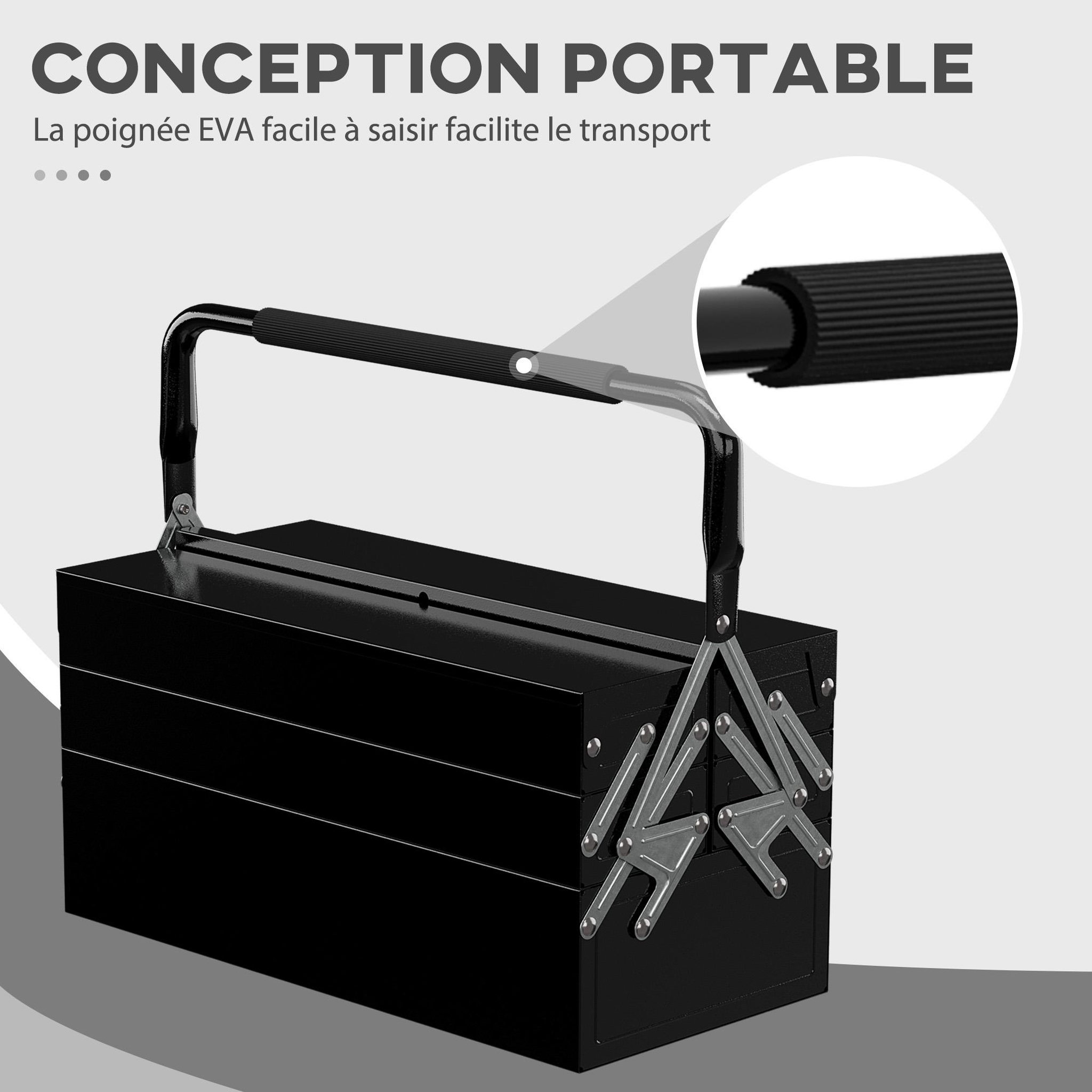 Voir la diapositive 6 : HOMCOM Boite à outils métallique - coffret à outils - caisse à outils 3 niveaux 5 plateaux rétractables - tôle acier noir