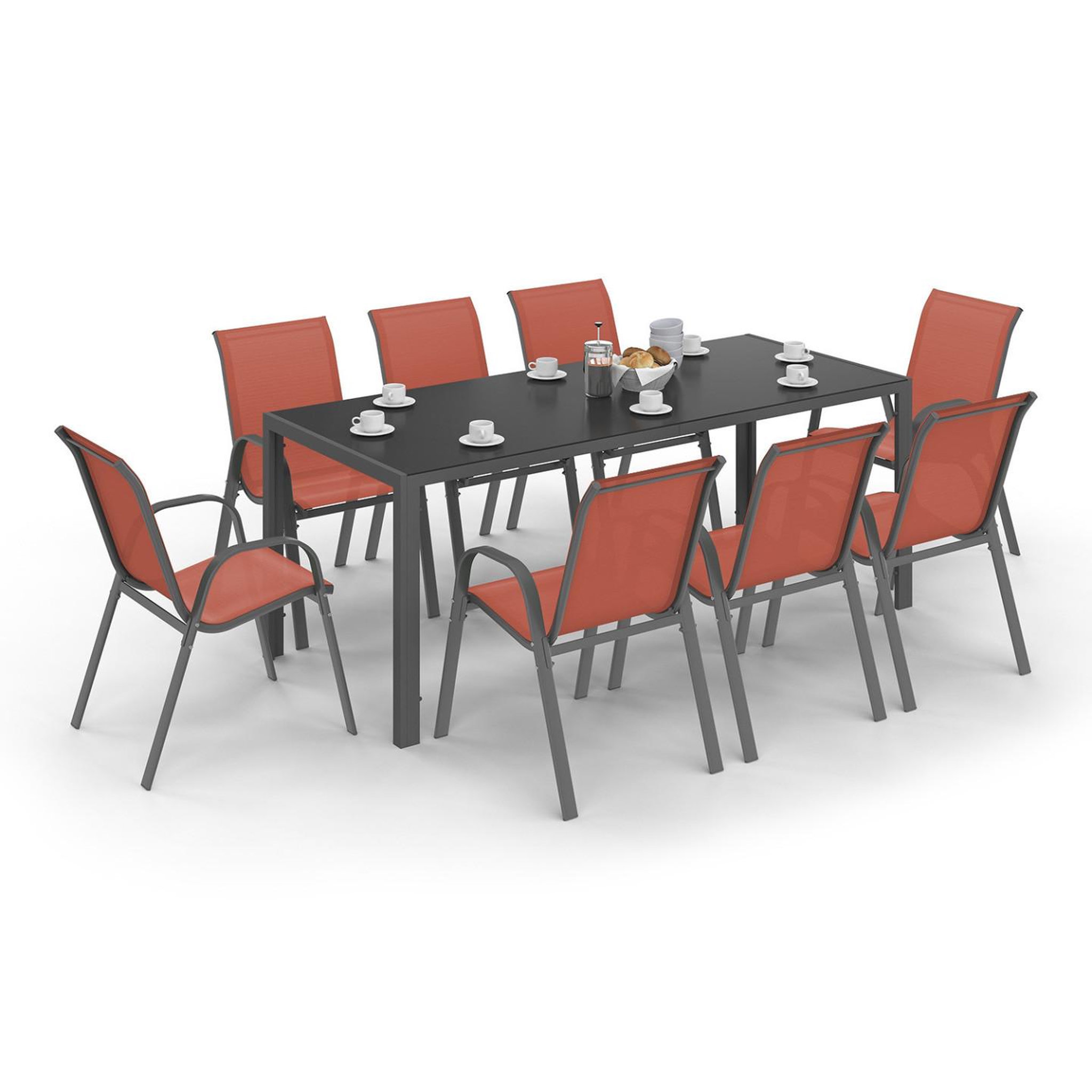ID MARKET Salon de jardin madrid table 190 cm et 8 chaises empilables terracotta et gris