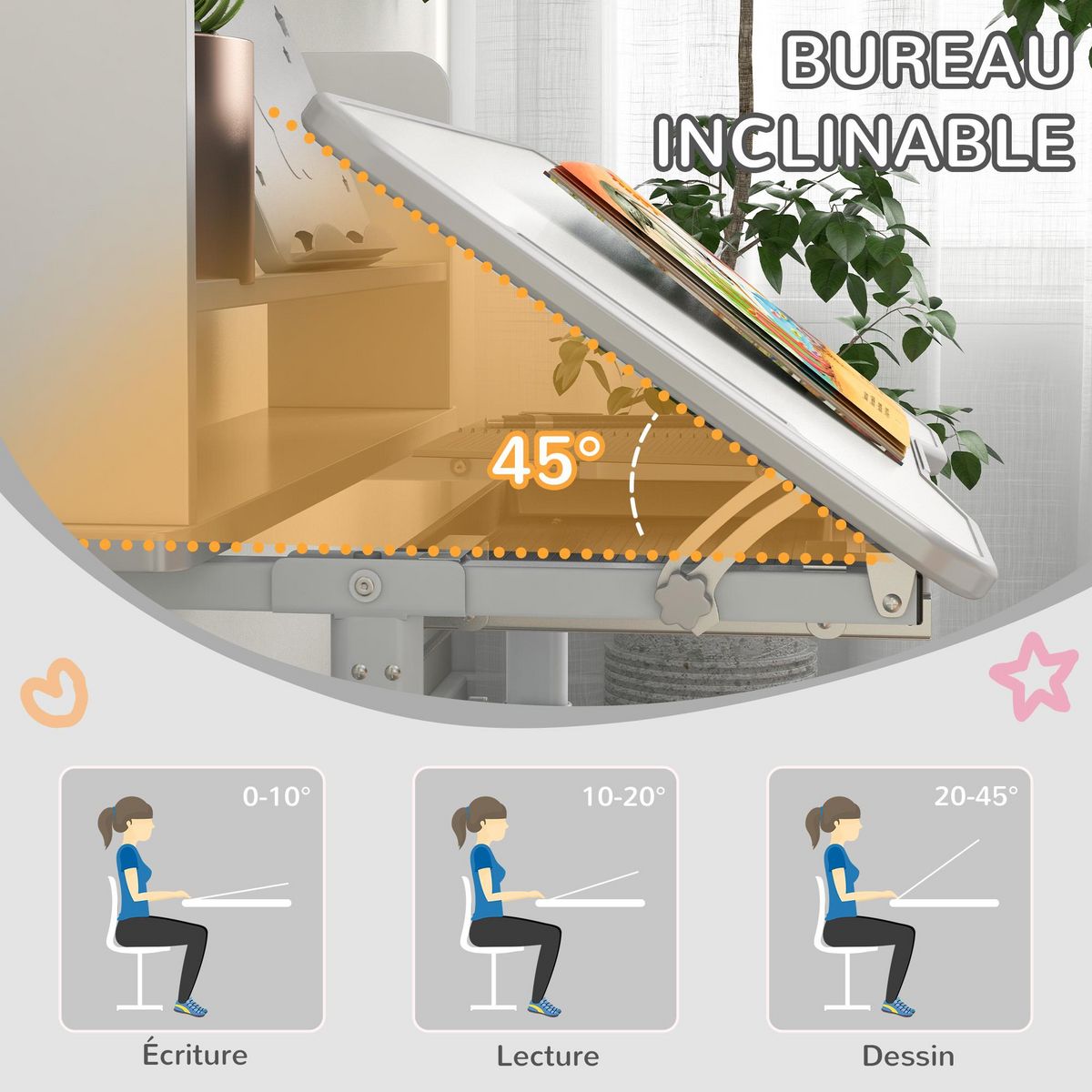 HOMCOM Bureau enfant avec chaise - ensemble bureau et chaise réglable - support lecture, tablette, étagère - gris blanc