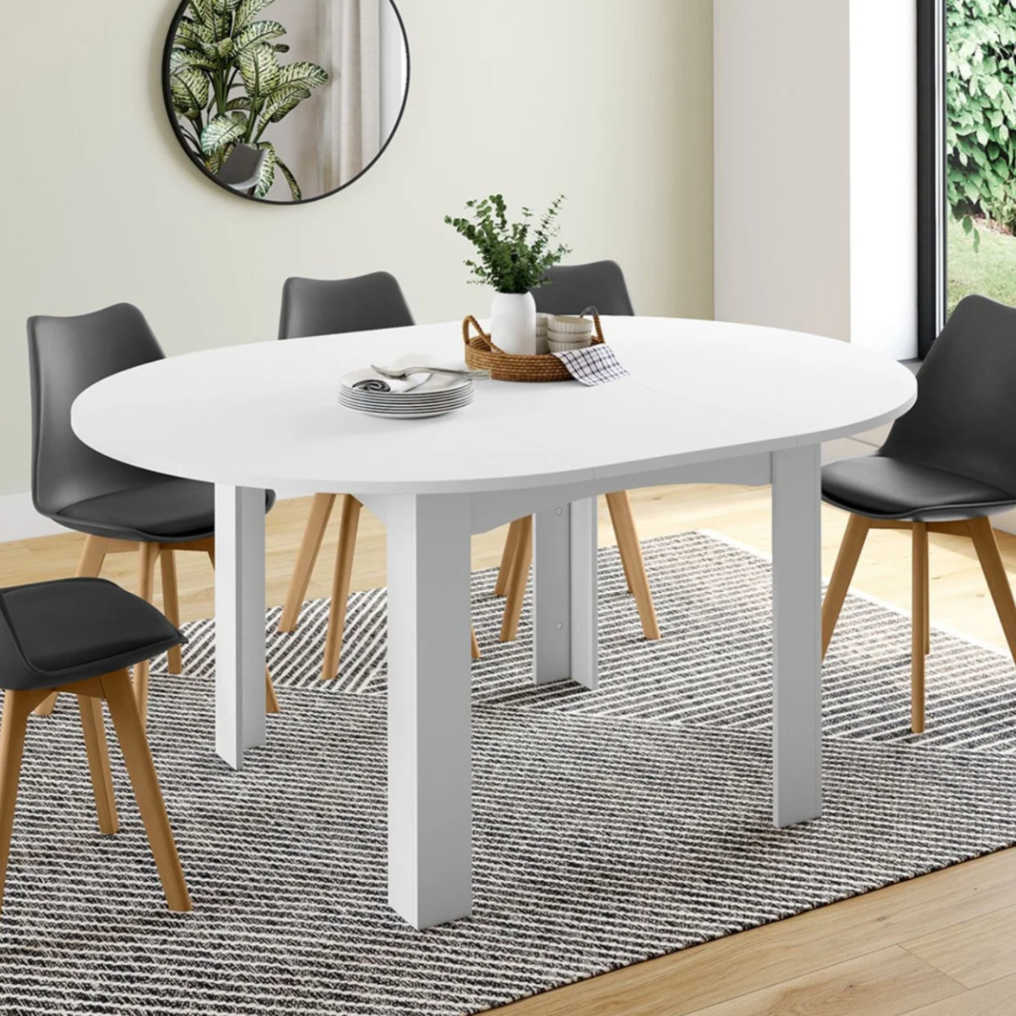 Voir la diapositive 2 : ID MARKET Table à manger extensible ronde dona 4-8 personnes blanc 110-150 cm