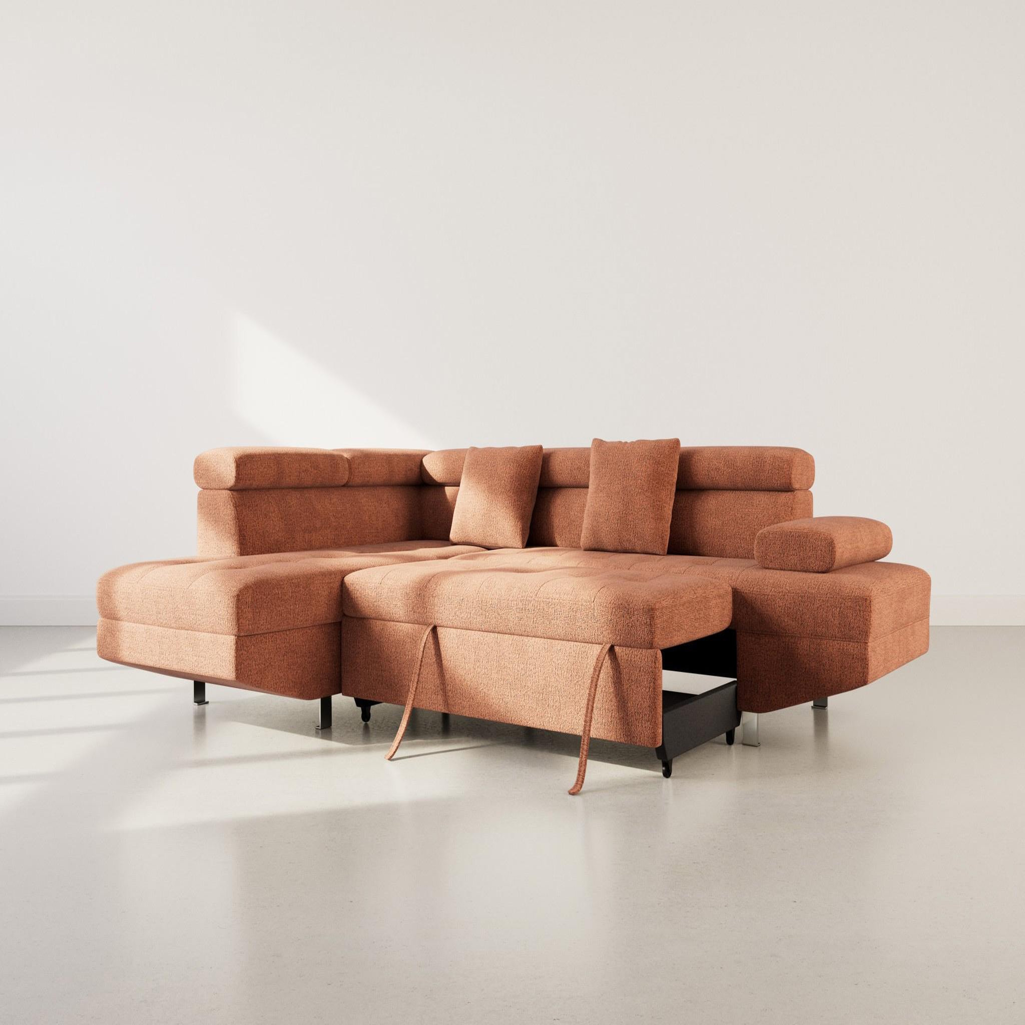 Voir la diapositive 2 : BEST MOBILIER Margaux - canapé d'angle gauche 5 places convertible avec coffre et têtières réglables en velours texturé