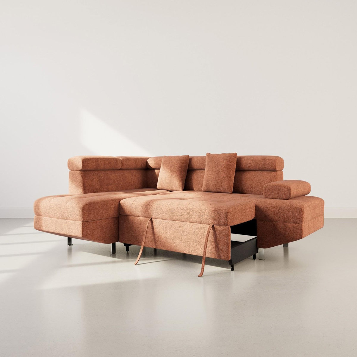 BEST MOBILIER Margaux - canapé d'angle gauche 5 places convertible avec coffre et têtières réglables en velours texturé