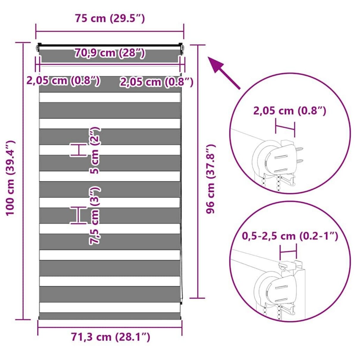 VIDAXL Store zebre noir 75x100 cm largeur du tissu 70,9 cm polyester