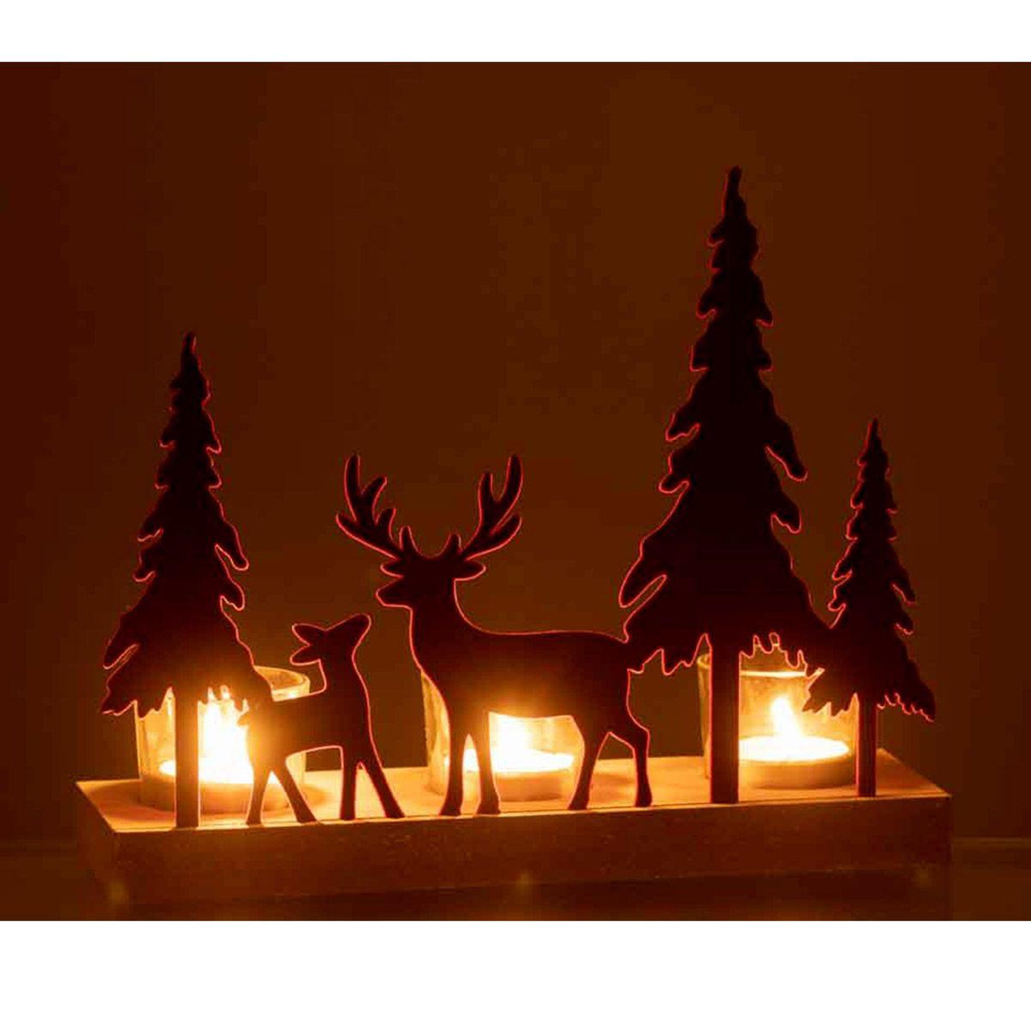 Voir la diapositive 3 : J-LINE Photophore 3 bougies  rennes & sapin  25cm rouge