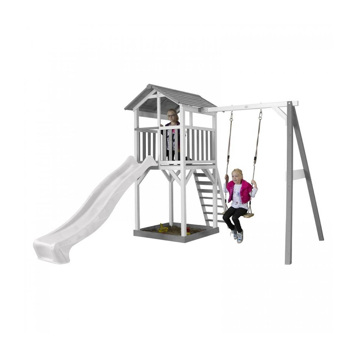 Axi House AXI Structure de jeu Beach Tower Blanc gris avec 1 balancoire et toboggan Blanc et bac à sable