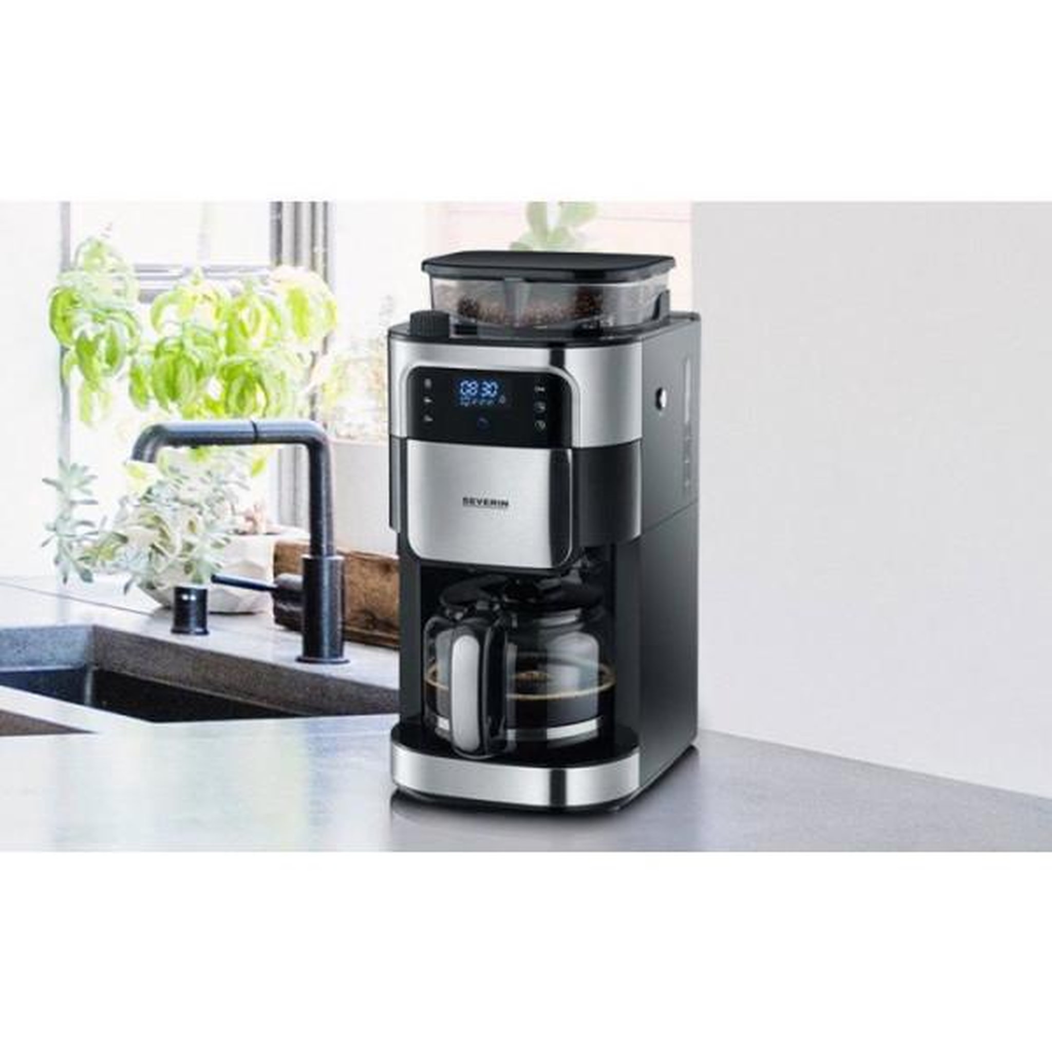 Voir la diapositive 3 : SEVERIN Machine a Cafe - Cafetiere Electrique  filtre avec broyeur intégré - SEVERIN - KA4813 -  a café écran tactile - verseuse 10 tasses - Noir/Inox