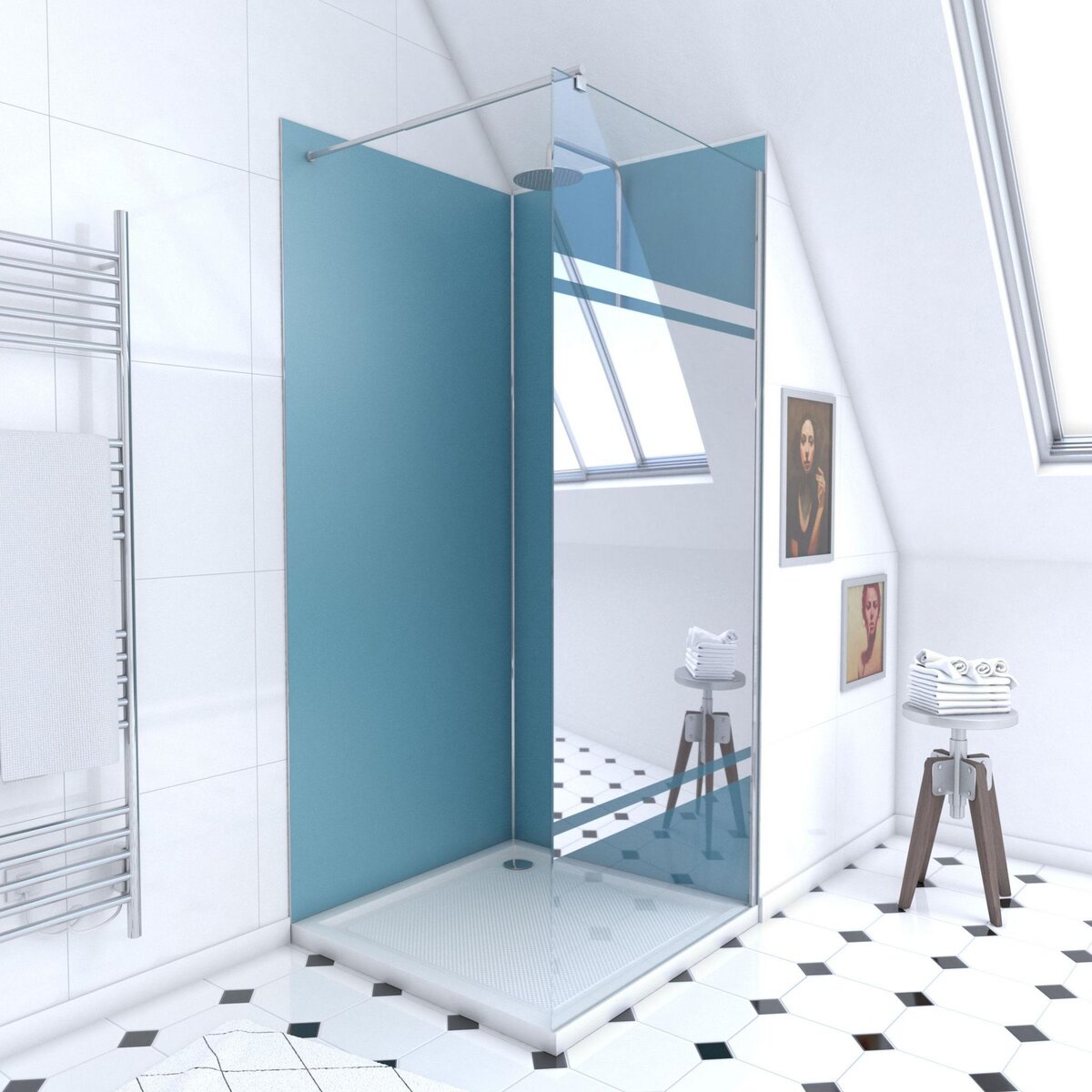 Aurlane Ensemble complet douche à l'Italiennne avec Receveur 90x90 + Paroi miroir + Panneaux muraux