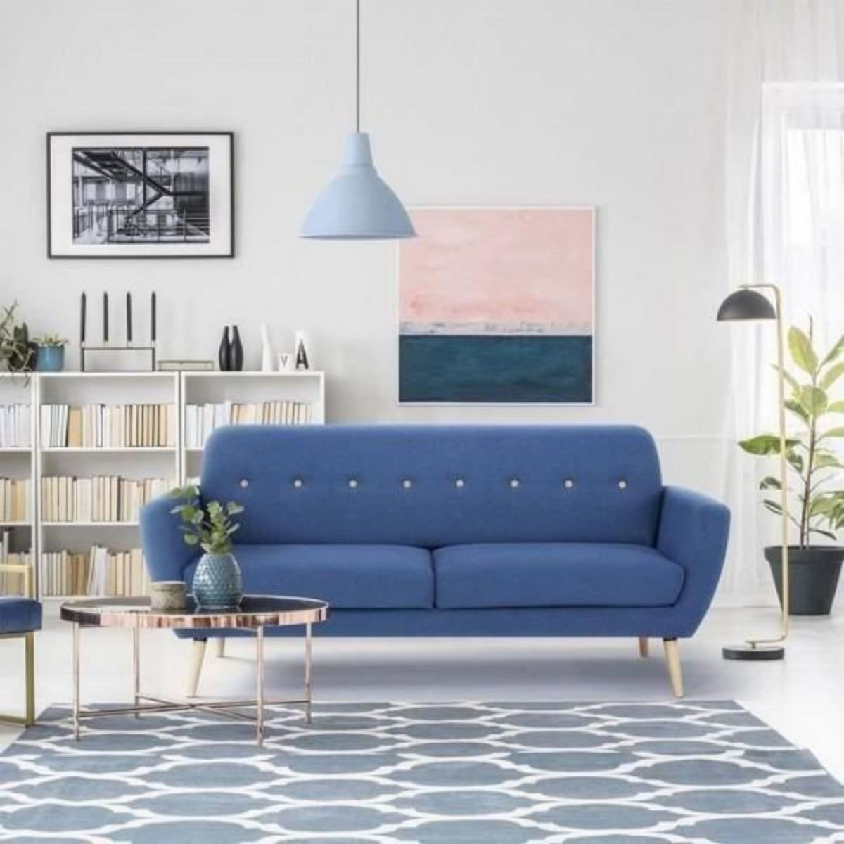 MARKET24 Canapé 3 places LILLY -Tissu Bleu - L 193 x P 79 x H 86 cm