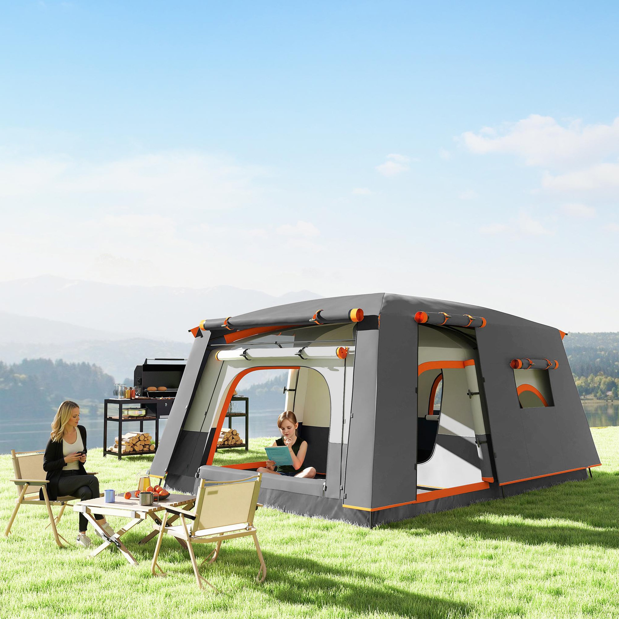 Voir la diapositive 2 : OUTSUNNY Tente de camping familiale 4-5 personnes - portes, fenêtres, sac de transport inclus - dim. 4,3 x 3 x 1,95 m - gris