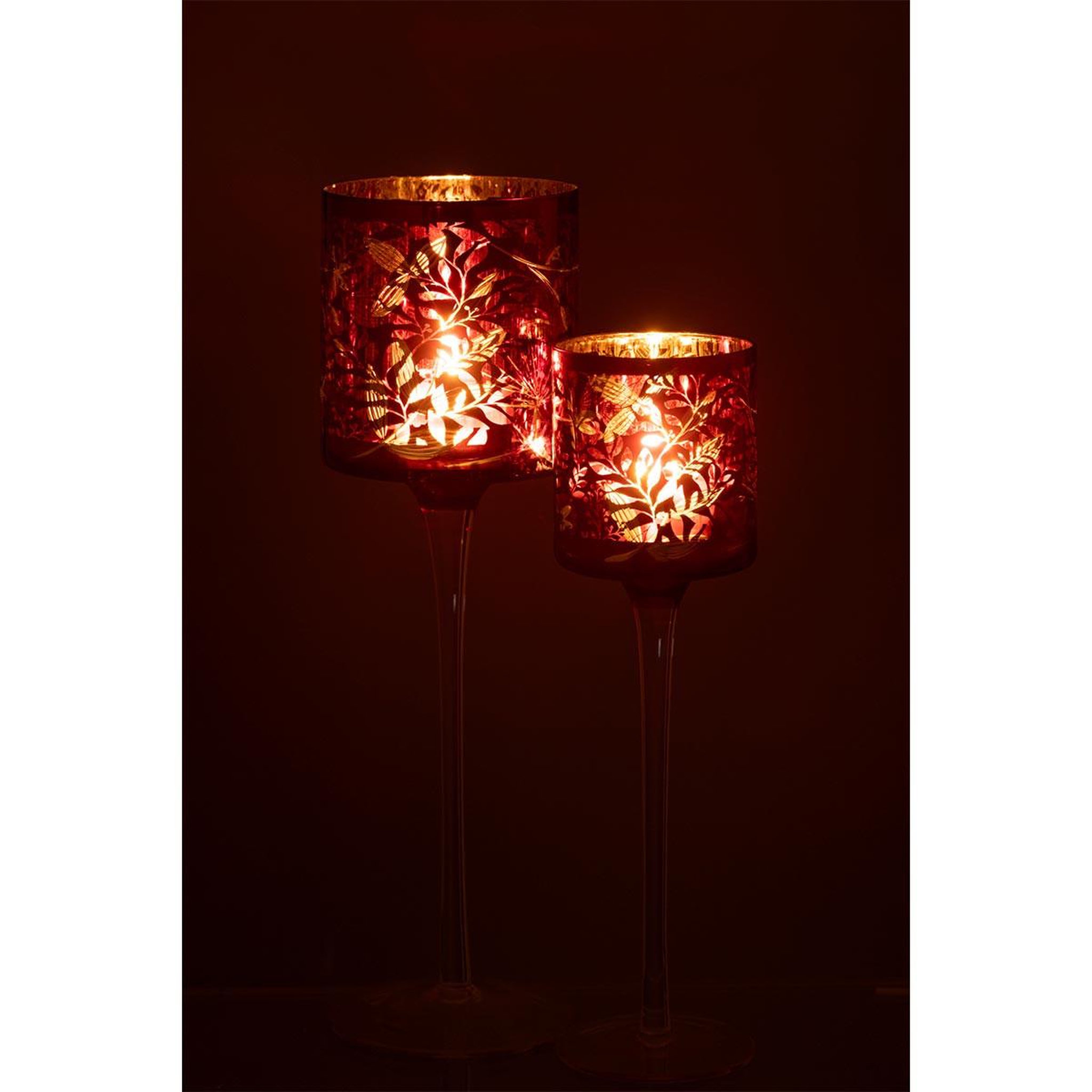 Voir la diapositive 6 : J-LINE Photophore sur Pied en Verre  Feuilles  30cm Rouge