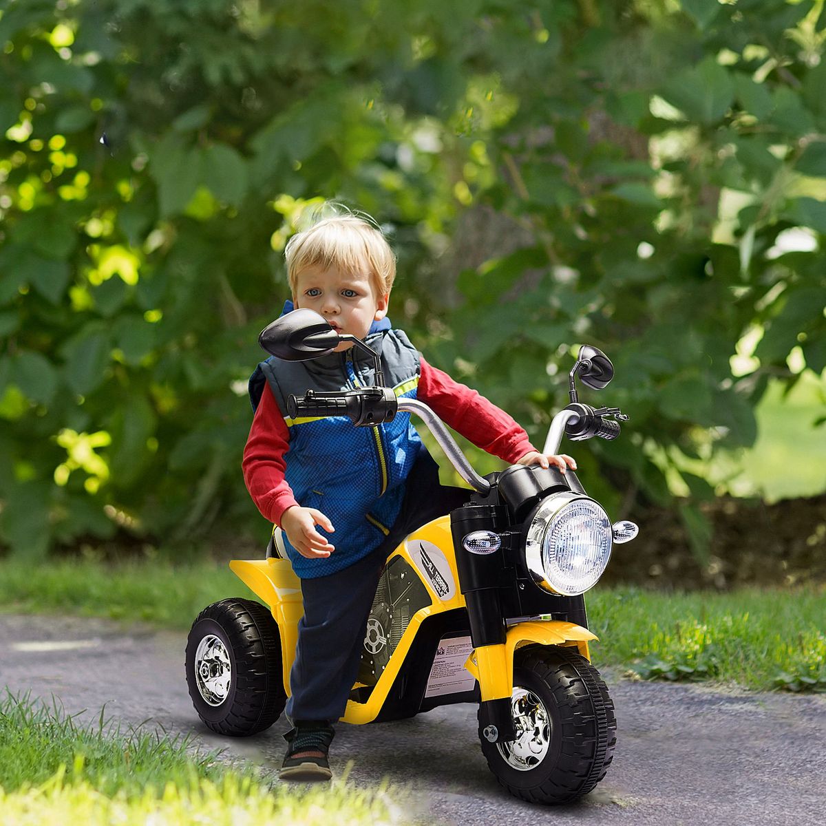 HOMCOM Moto électrique enfant chopper tout-terrain  6 V 20 W marche AV AR 3 roues effets lumineux et sonores jaune noir