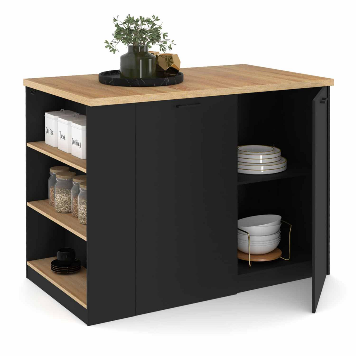 ID MARKET Ilot central TIBO 120 cm bois noir avec plan de travail façon hêtre