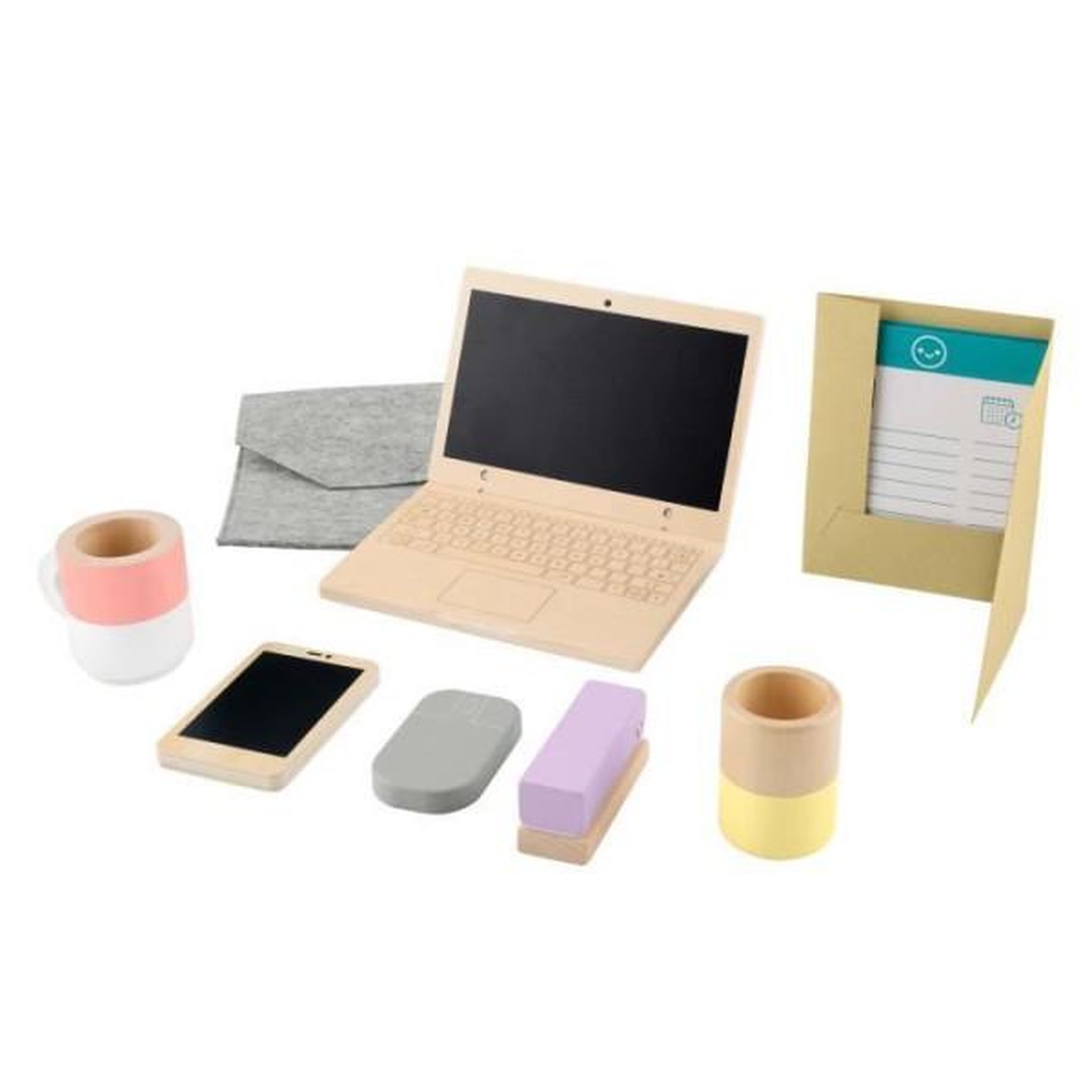 FISHER PRICE FISHER-PRICE Set de télétravail en Bois, 9 éléments avec ordinateur portable et téléphone en bois HXV11