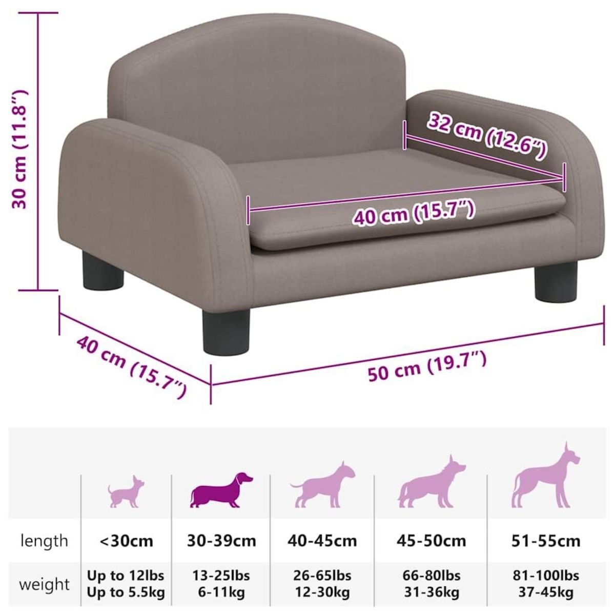 VIDAXL Lit pour chien taupe 50x40x30 cm tissu