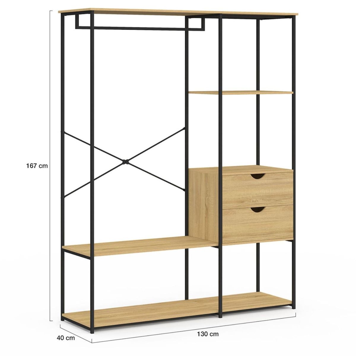 ID MARKET Dressing penderie avec étagères et 2 tiroirs L. 130 cm DETROIT design industriel