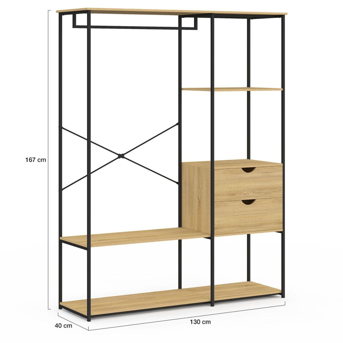 ID MARKET Dressing penderie avec étagères et 2 tiroirs L. 130 cm DETROIT design industriel