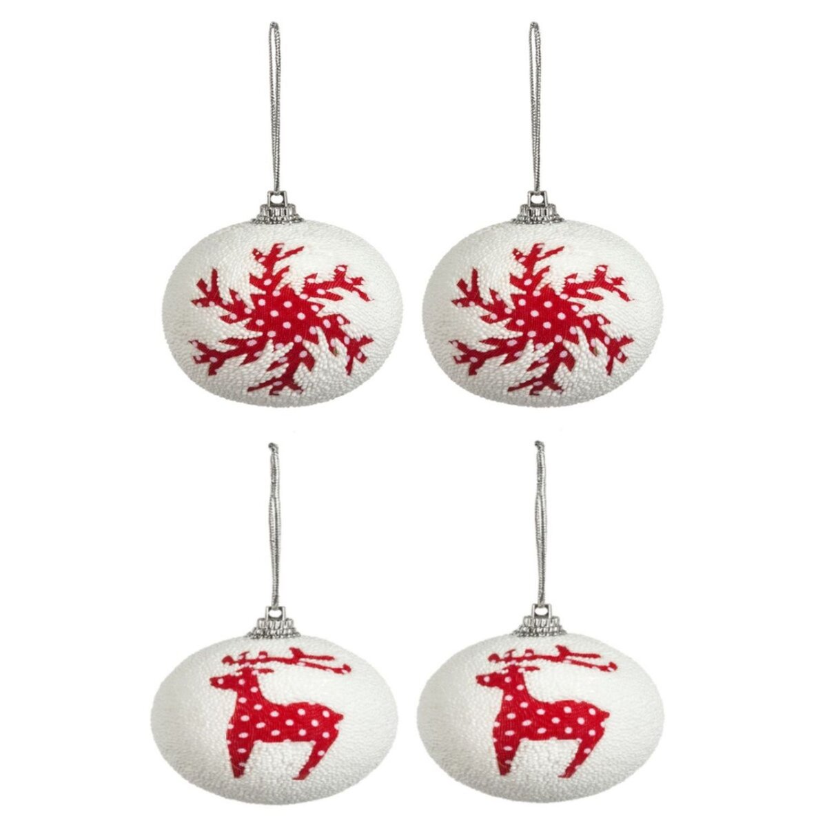 TOILINUX 4 Boules de Noël design flocon et renne Jeanne - Rouge et blanc